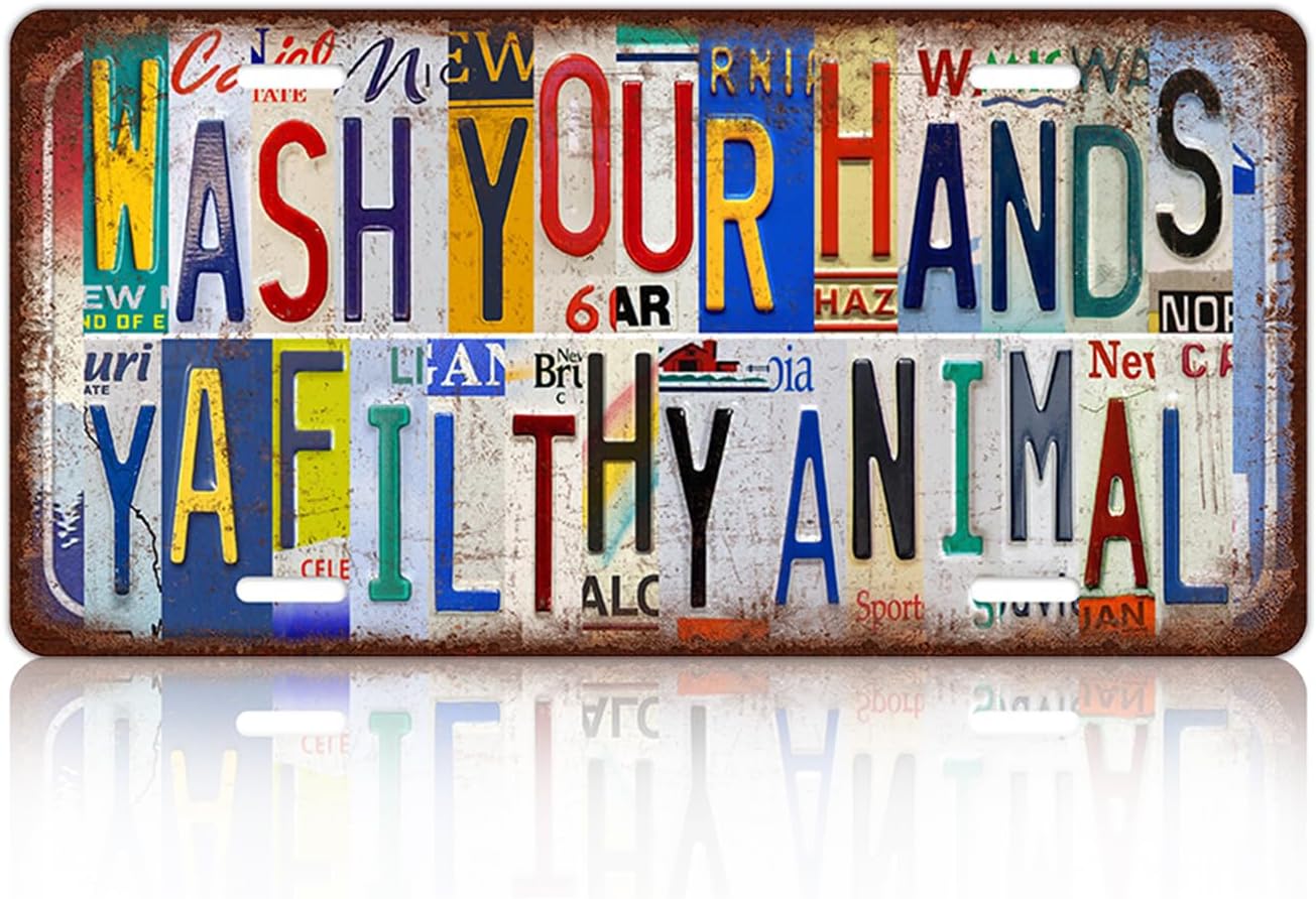 Vintage Bathroom License Plate Wall Decor Wash Your Hands Ya Filthy Animal Metal Tin Sign 12 x 6 Inches