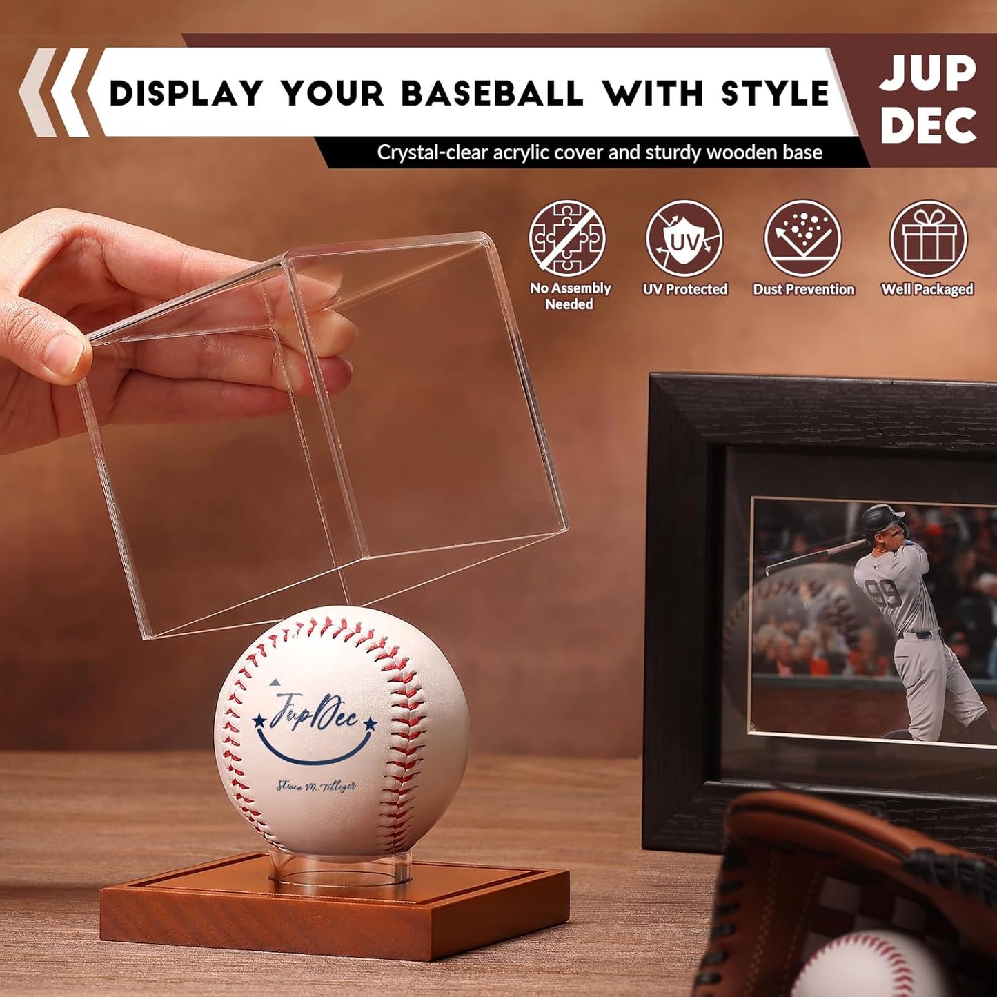 JupDec Baseball Display Case - Clear Cube Baseball Holder with Wooden Base, Autograph Stand Box for Single Ball, Acacia Wood, Brown, 1 Pack