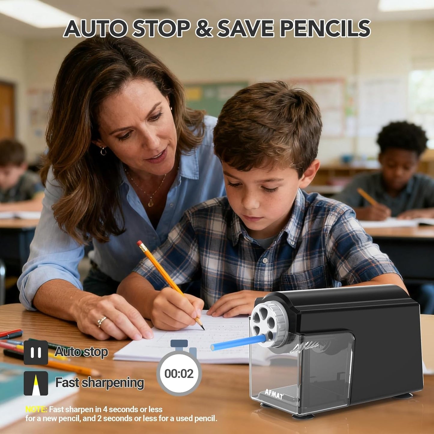 AFMAT PSD4 Electric Pencil Sharpener Heavy Duty, 6 Holes, Cordless & Rechargeable, Super Fast, Auto Stop, 10K+ Uses, Classroom Pencil Sharpener for 6-11mm No.2/Large/Colored Pencils, Black