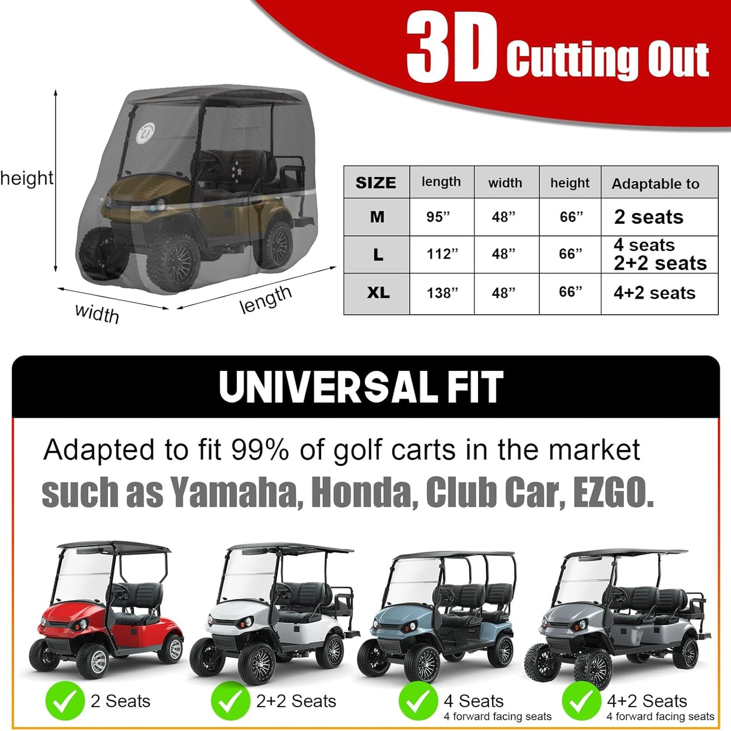 Waterproof Golf Cart Cover, Heavy Duty Marine Grade Fabric, Universal Fits for Most Brand 2/2+2/4+2 Passengers Yamaha, Honda, Club Car, EZGO Golf Cart