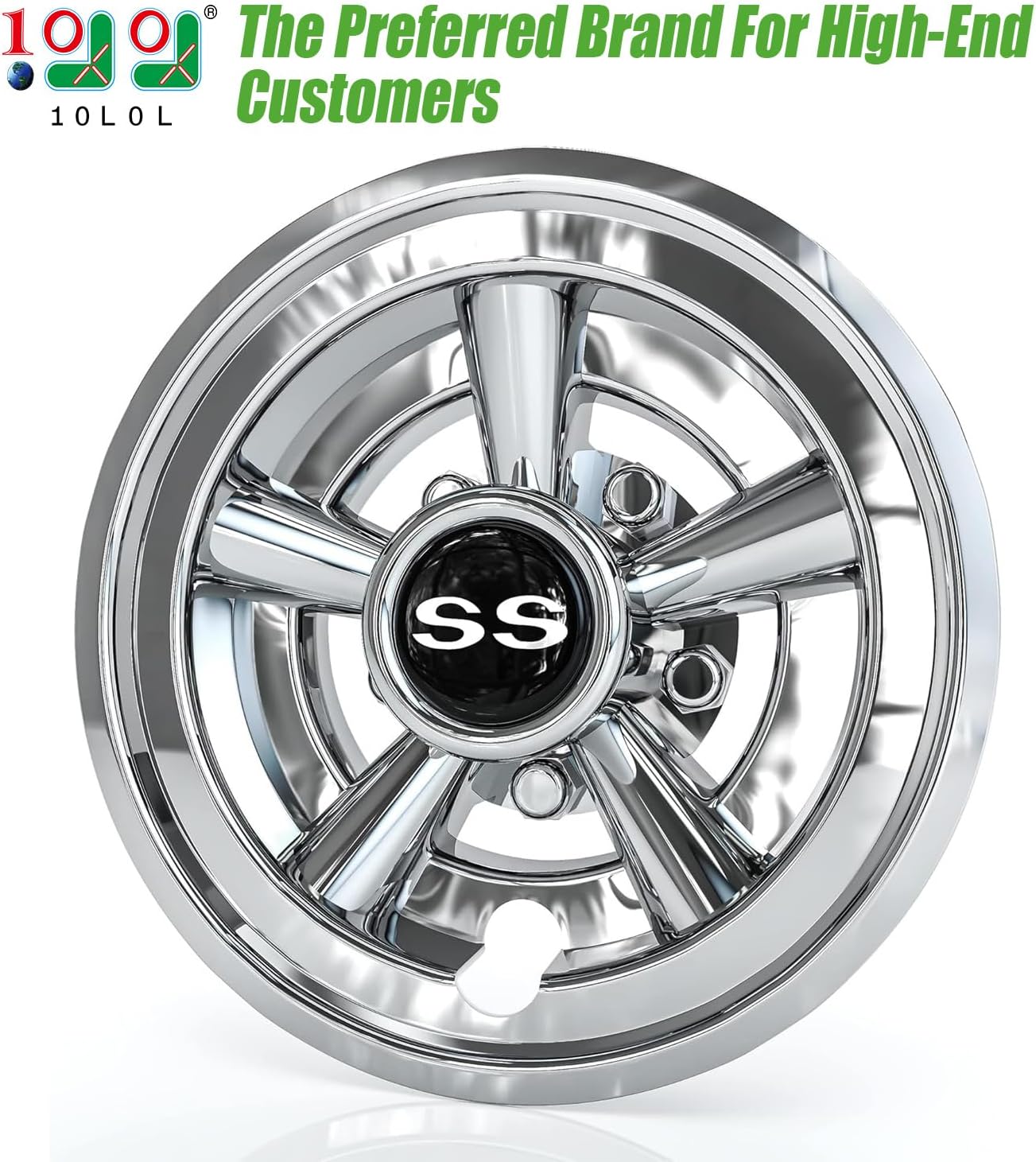 10L0L Golf Cart SS Wheel Covers Hub Caps for EZGO, Club Car, Yamaha - 8 Inch Snap-on Installation, Chrome, Set of 4