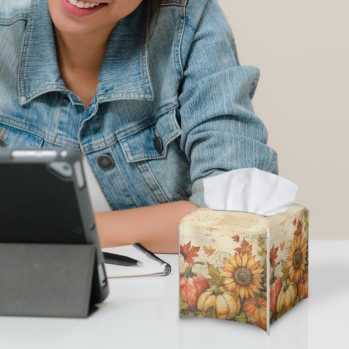 Thanksgiving Tissue Box Cover Cube Leather Tissue Box Holder Sunflower & Pumpkin Facial Paper Organizer 5x5x5 inch Mordern Home Decor for Bedroom Living Room