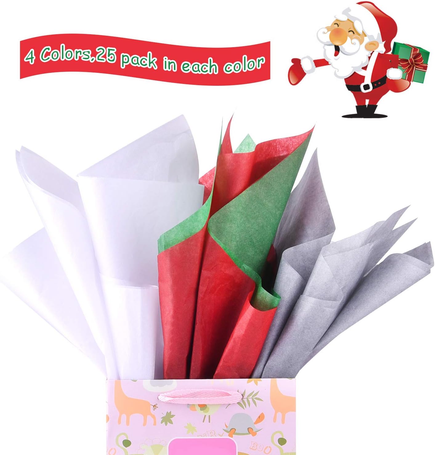 FEPITO 100 Sheets Christmas Tissue Paper Gift Wrapping Paper Red Green Grey and White Tissue Paper for Xmas Gift Wrapping, Crafts(14 x 20 Inch)