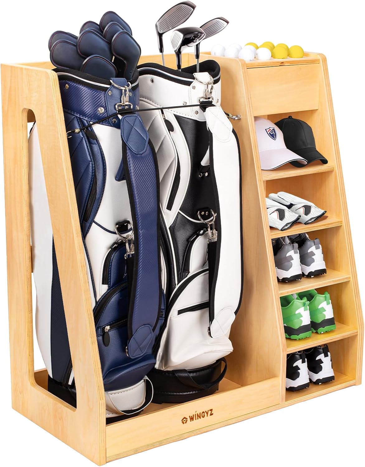 wingyz Wooden Golf Storage Organizer for Garage Fits 2 Bags for Any Level Golfer Great Gift, Golf Bag Rack Club Holder with 12-Ball Display Rack and 5 Shelves for Equipment Accessories
