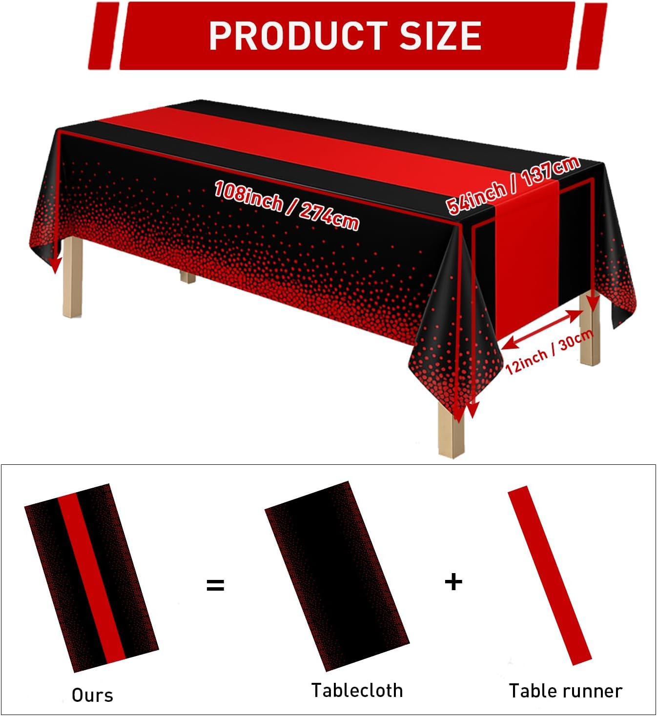 2in1 Disposable Plastic Tablecloths 54" x 108" Black and Red Dot Kitchen Table Cloth Rectangle Table Cover for Wedding Birthday Baby Shower Anniversary Christmas Graduation (Black/Red, 3 Pack)