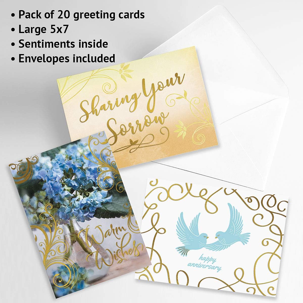 Current Deluxe Foil All Occasion Value Pack - 20 Cards With Envelopes, Celebration, Get Well, Sympathy, Birthday, Anniversary & Thinking of You Variety, Large 5" x 7" Assortment, 10 Design Set