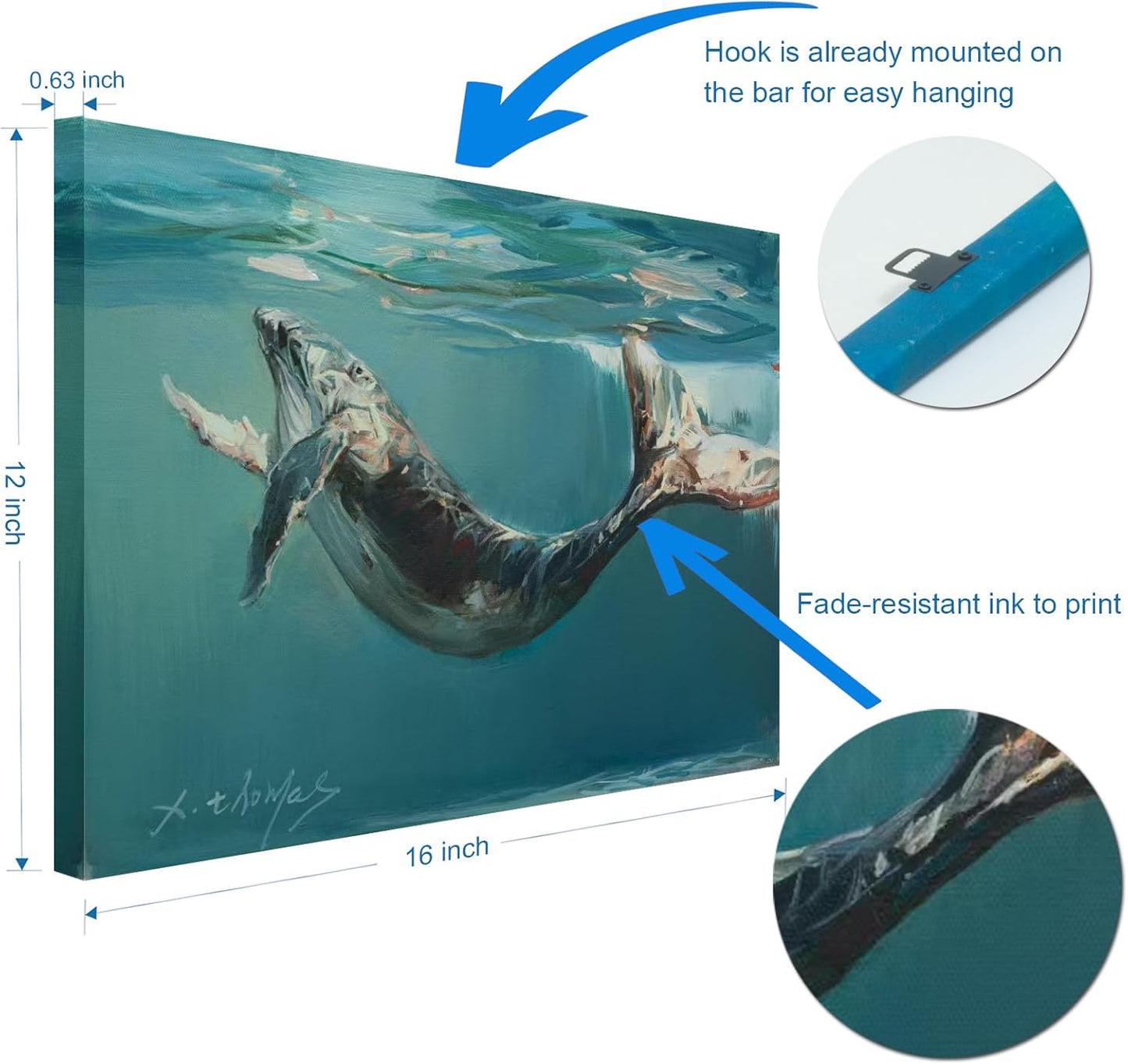 JZLDZS Whale Canvas Wall Art Coastal Bathroom Decor - Framed Blue Nautical Ocean Animal Pictures Wall Decor for Bedroom 12x16 Inch Ready to Hang