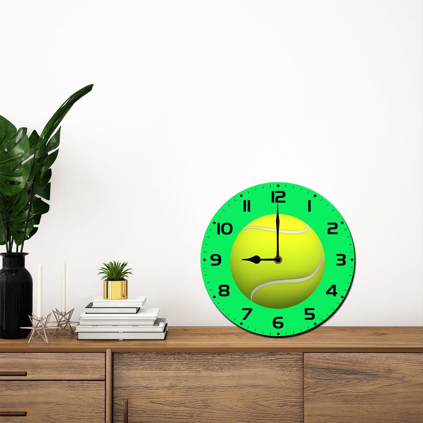Soliyoahee Tennis Clock Round Wooden Wall Clock Home Decor Silent No Tick Battery Powered for Living Room Bedroom Kitchen Bathroom 10inch