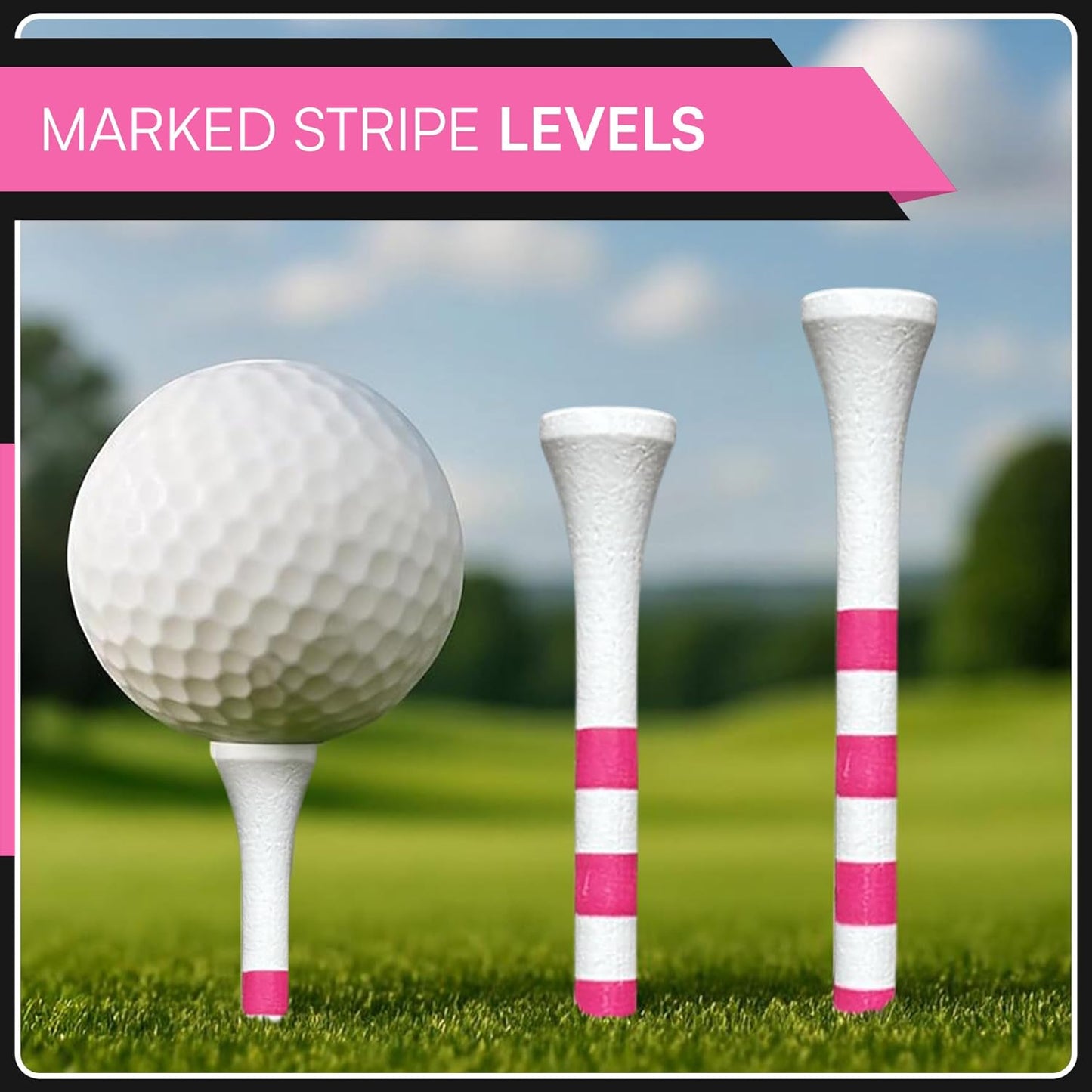 Bamboo Golf Tees Supporting Breast Cancer Research | 10% Profit Donation | Two Size Options (2 3/4" & 3 1/4") | Striped Pink and White | Biodegradable & Eco-Friendly