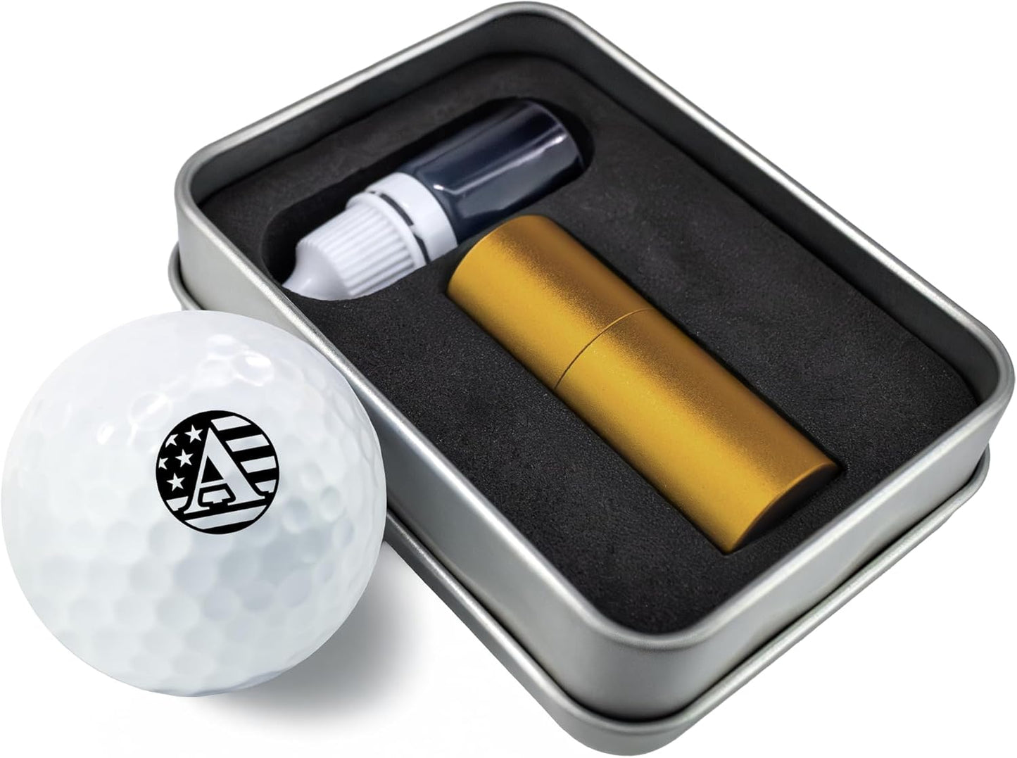 Personalized Golf Ball Marker with TiteSeal™ Technology - Gold Case - Metallic Box with Golf Ball Stamp + Refill Ink Bottle Bundle
