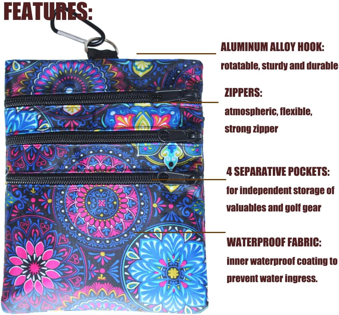 Golf valuables Pouch, Zipper Golf Ball Bag with 4 Pockets, Golf Accessories Pouch for Storing Balls,tees,Mobile Phone,Keys, Cards and Cash, Great Gift for Golfers