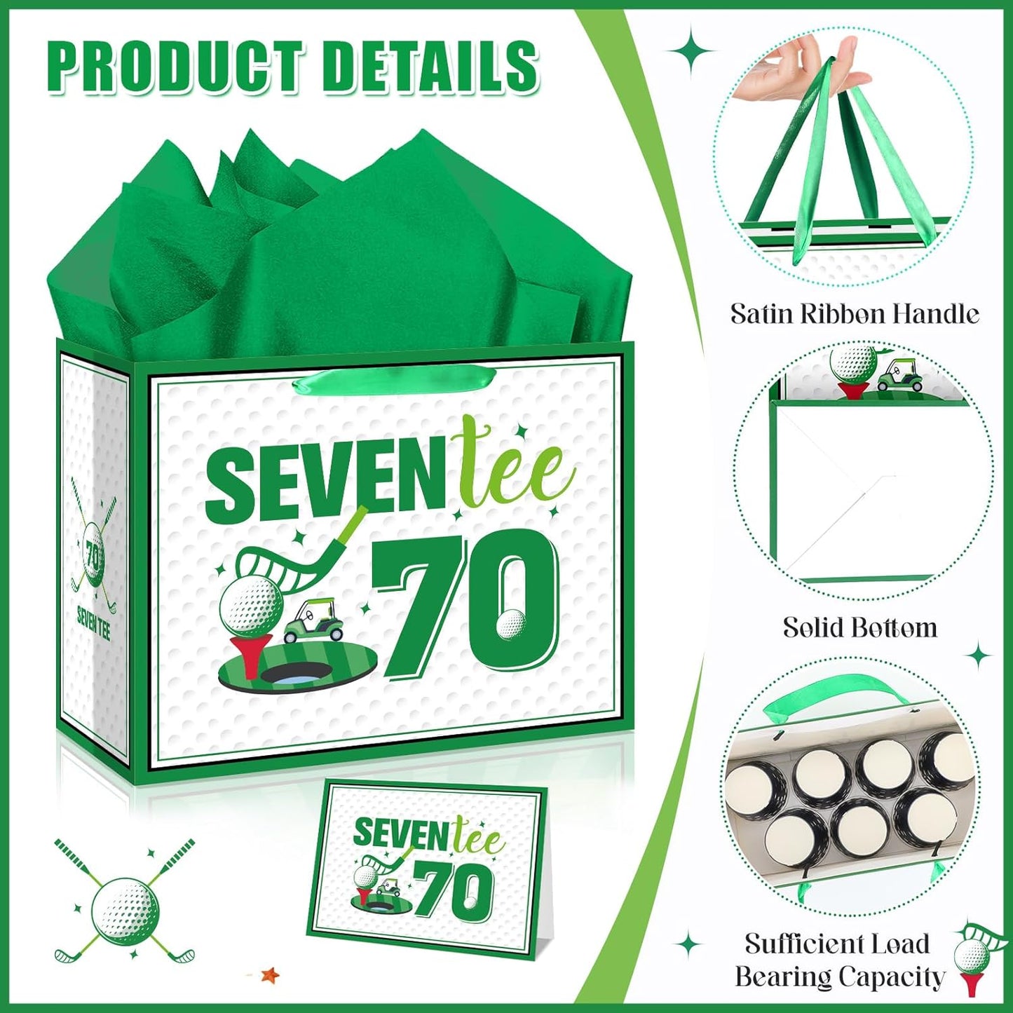 Golf 70th Birthday Gift Bag for Men Golf Happy Seventy Birthday Party Gifts bag with Tissue Paper Greeting Card Seven-Tee Bday Gift Wrapping Bag for Sports Themed Party Decorations Supplies