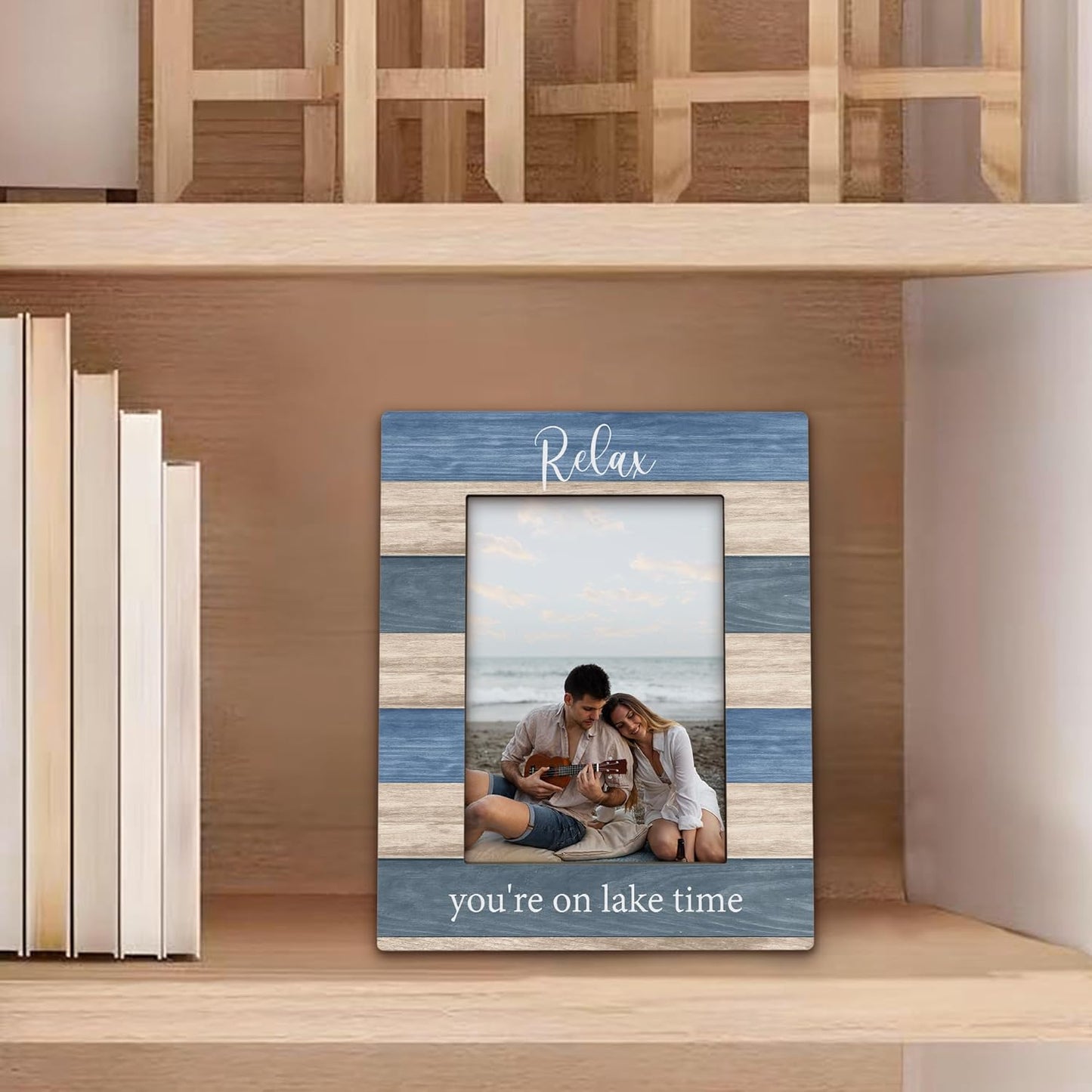Lake House Gifts Picture Frame 5x7, Lake House Decor Photo Frame, Birthday Gifts for LakeLover Women Men, Relax You're on LakeTime Wooden Picture Photo Frames for Desk Home Room Decor