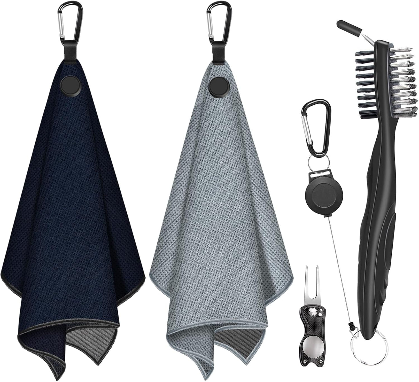 Golf Towel, 2 PCS Magnetic Golf Towels with Brush and Divot Tool, Microfiber Waffle Pattern with Clip for Men, Industrial Strength Magnet for Strong Hold to Golf Bags, Carts or Clubs (Black Gray)