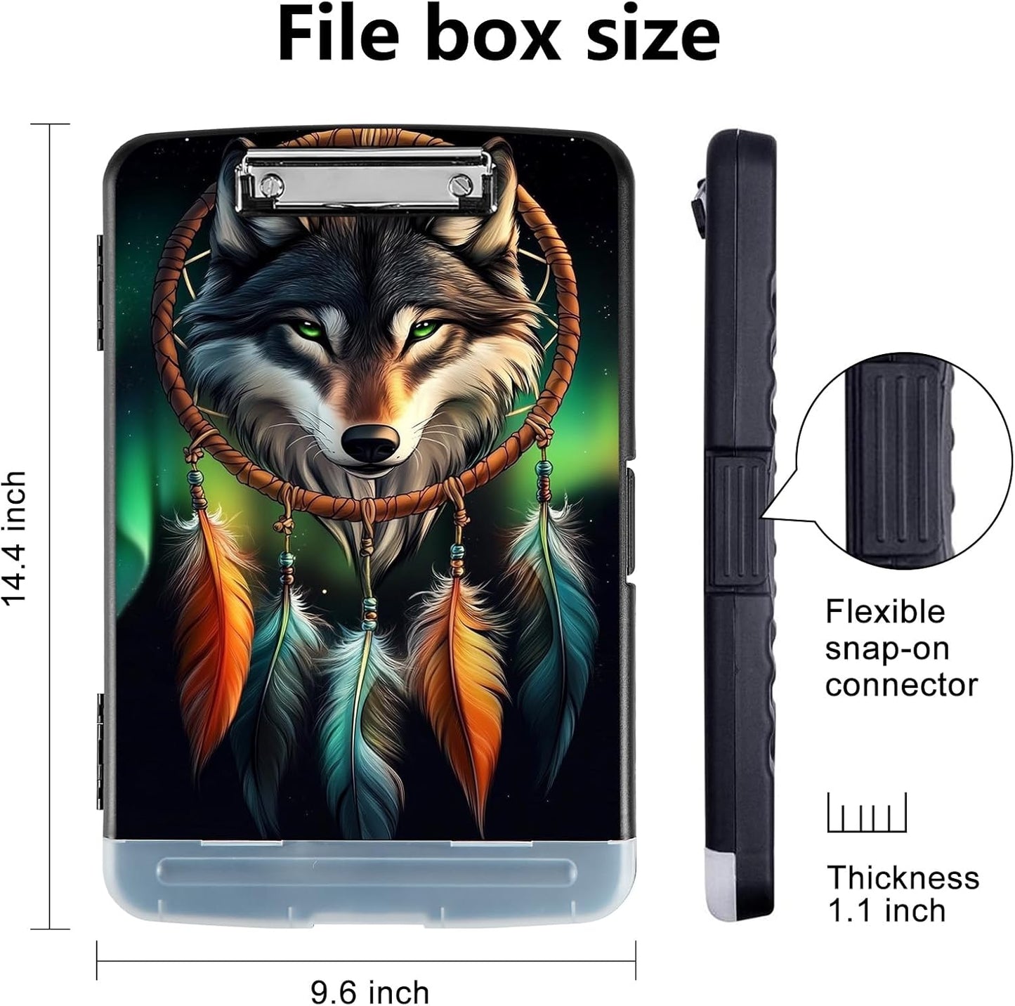 Clipboard with Storage - Large Capacity,Nursing Clipboard with Pen Holder,Heavy Duty,Plastic Side-Opening Folder for Teacher,Nurse - Wolf Dreamcatcher