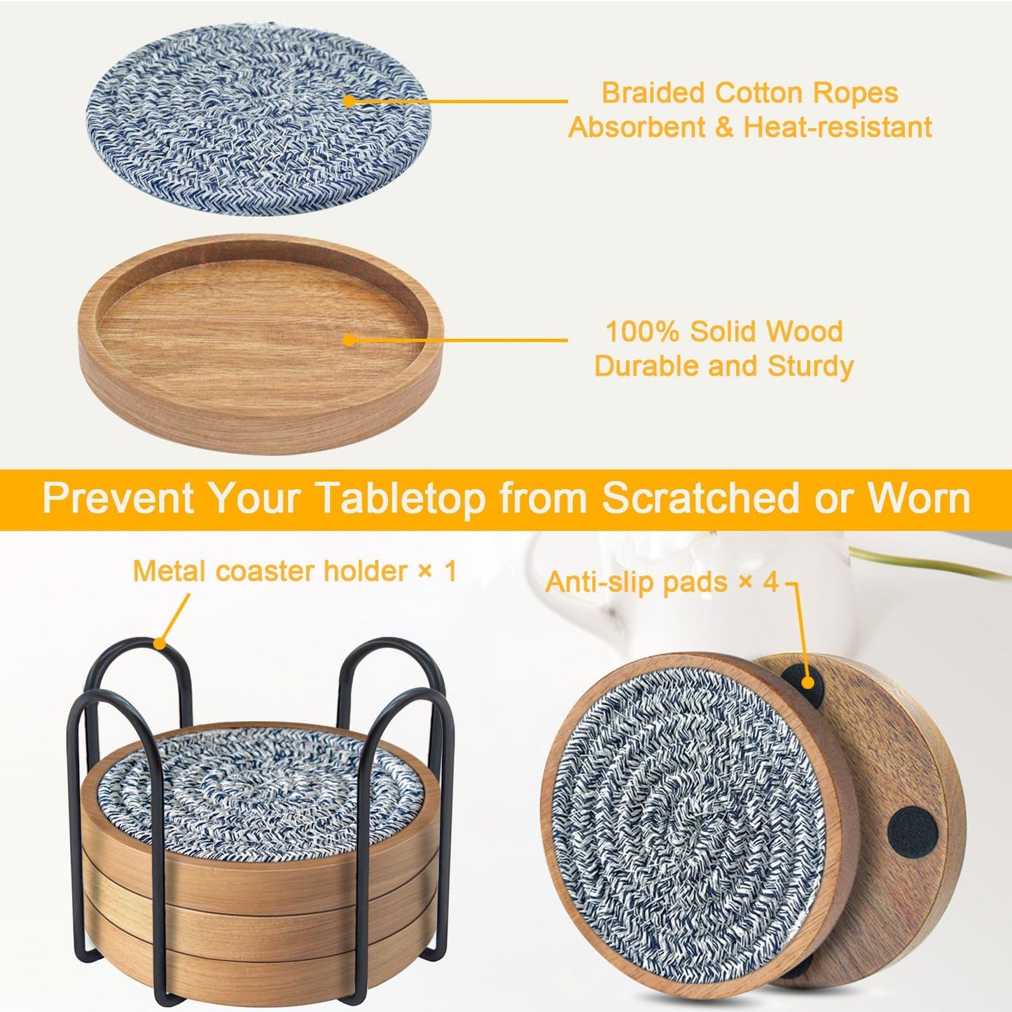 Coasters for Drinks Absorbent Sets of 5, Eykao Woven Coasters with Holder, Housewarming Gift for Farmhouse Home Decor, 4 inches (Mixed Blue)