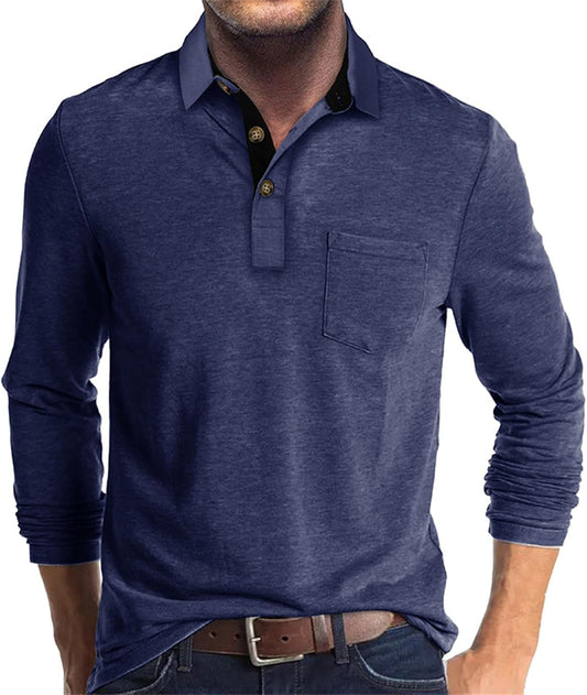 Mens Long Sleeve Polo Shirts Casual Moisture Wicking Golf Polo Shirts with Pocket