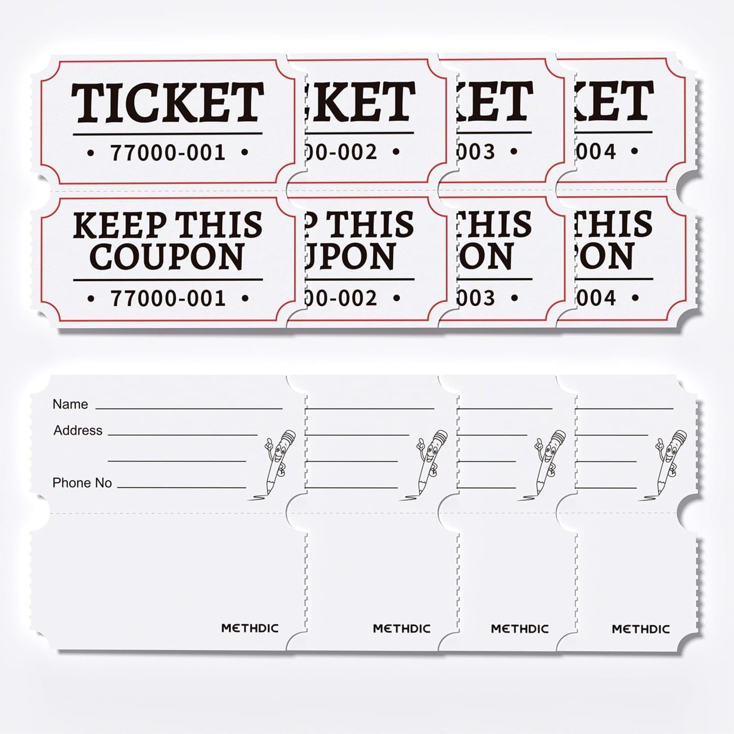 Methdic 2000 White Double Raffle Tickets Roll, Ticket for Events, Entry, Class Reward, Fundraiser & Prizes