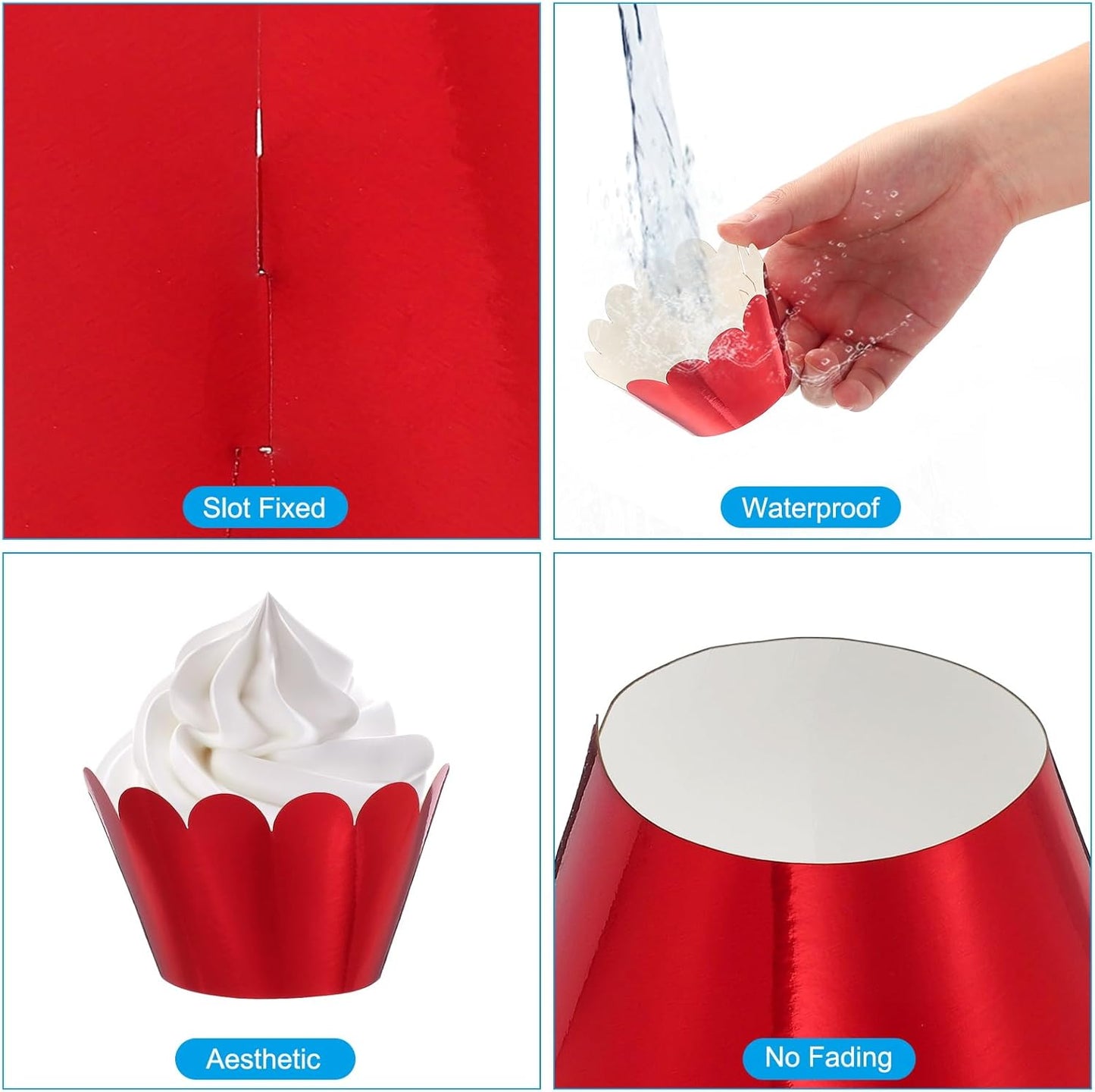 PATIKIL Cupcake Wrappers Paper, 50 Pack Baking Cups Standard Wave Decoration for Anniversary Birthday Weddings and Parties, Reflective Red