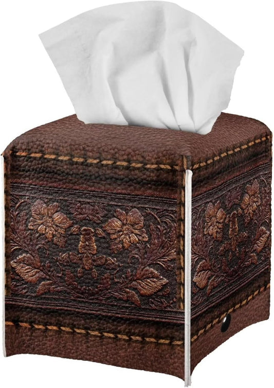Retro Tissue Box Cover Square Tissue Holder Brown Facial Paper Box Holder Modern Home Bathroom Living Room Decor Leather Material & Waterproof