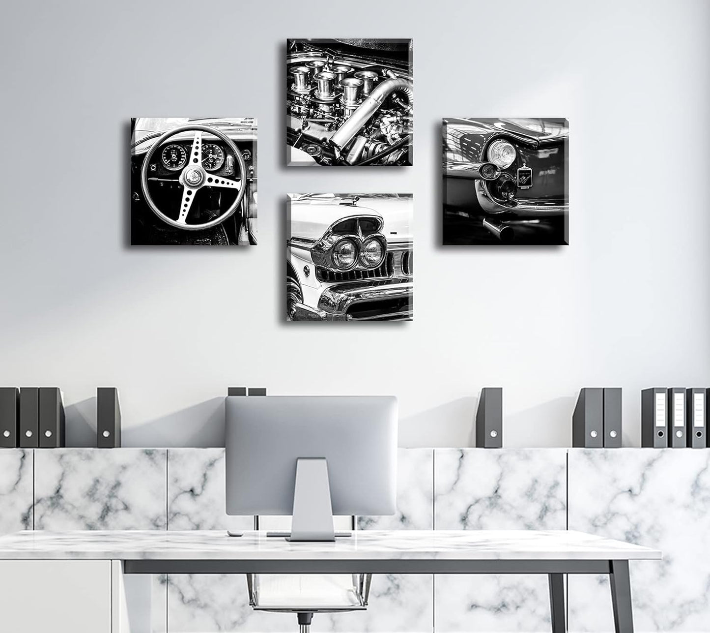 DJSYLIFE Black and White Wall Art Vintage Car Posters Decor Mens Bedroom Boys Room Office Paintings Canvas Pictures Framed Ready to Hang 12" W×12" H×4 PCS