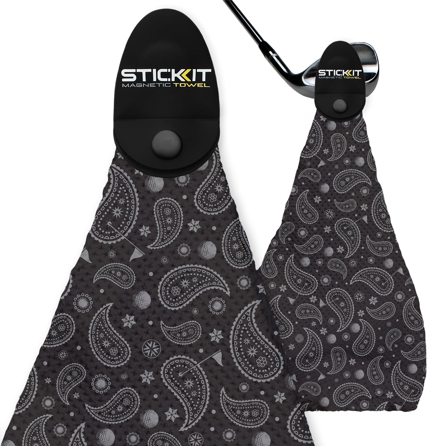 STICKIT Magnetic Golf Towel, Black Paisley | Top-Tier Microfiber Golf Towel with Deep Waffle Pockets | Industrial Strength Magnet for Strong Hold to Golf Carts or Clubs