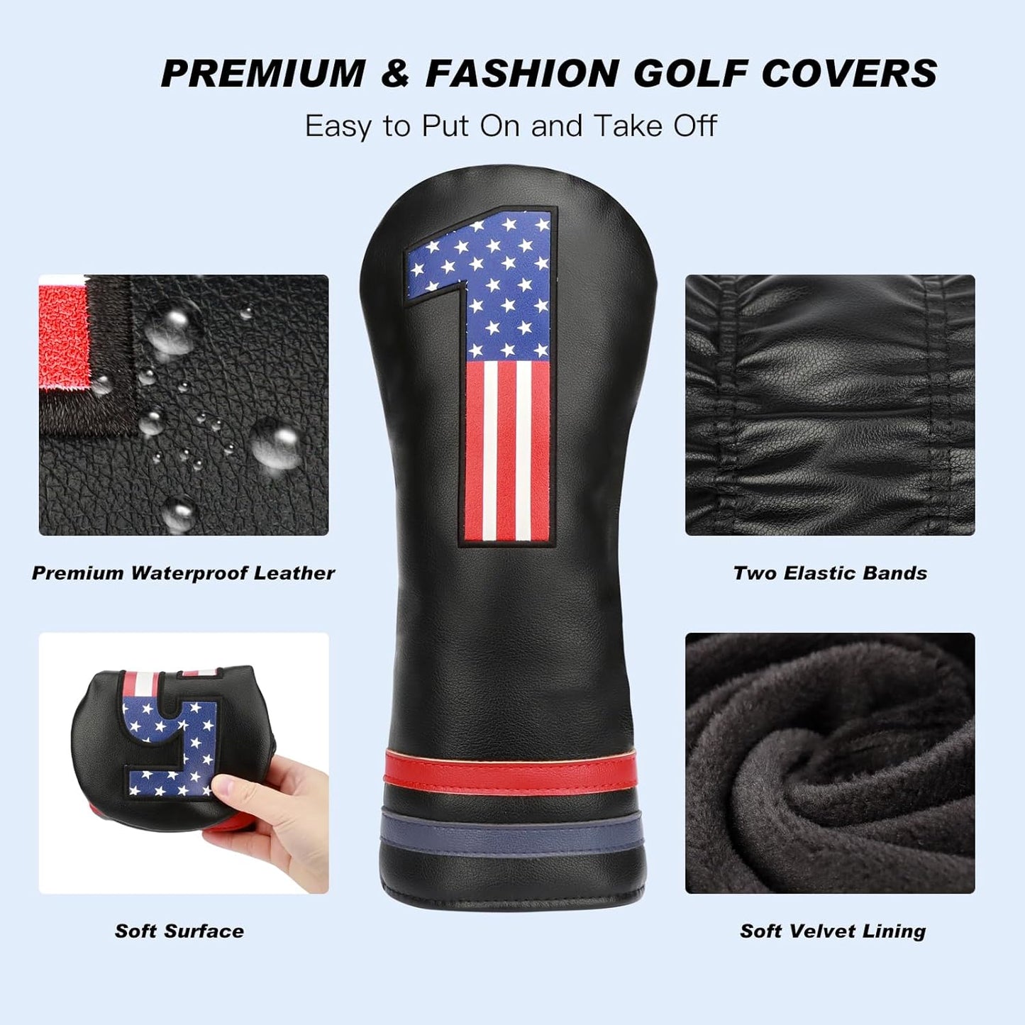 Golf Head Covers, 4pcs or 1pc USA Stars and Stripes Golf Club Covers for Woods and Driver Fairway Hybrid, PU Leather Golf Club Head Covers for Men Women with Interchangeable Tags, Fits Most Golf Clubs
