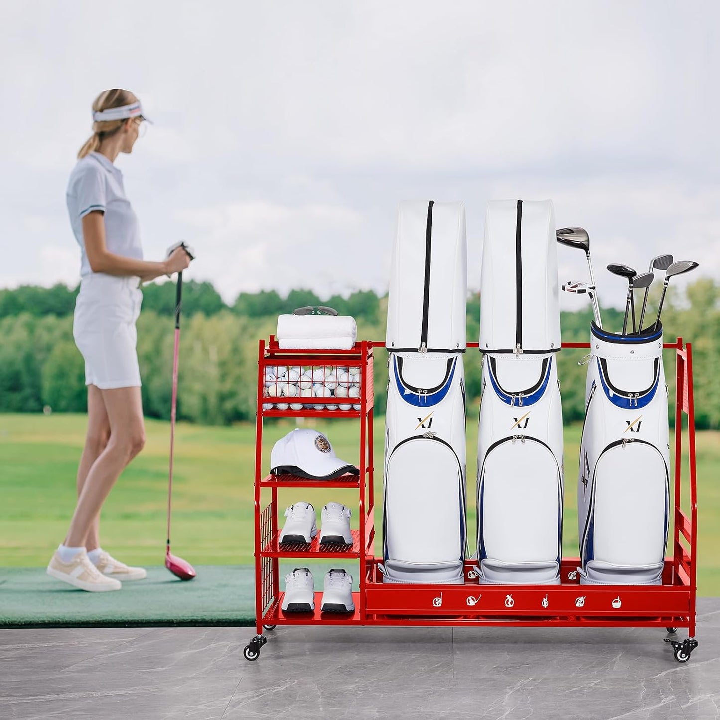Lauren&Harold Golf Bag Organizer Garage Storage, Golf Storage Rack Stand Fits 2 Golf Bags, Golf Clubs and Other Golfing Equipment Accessories, Golf Organizer for Garage, Club, Shed, Basement