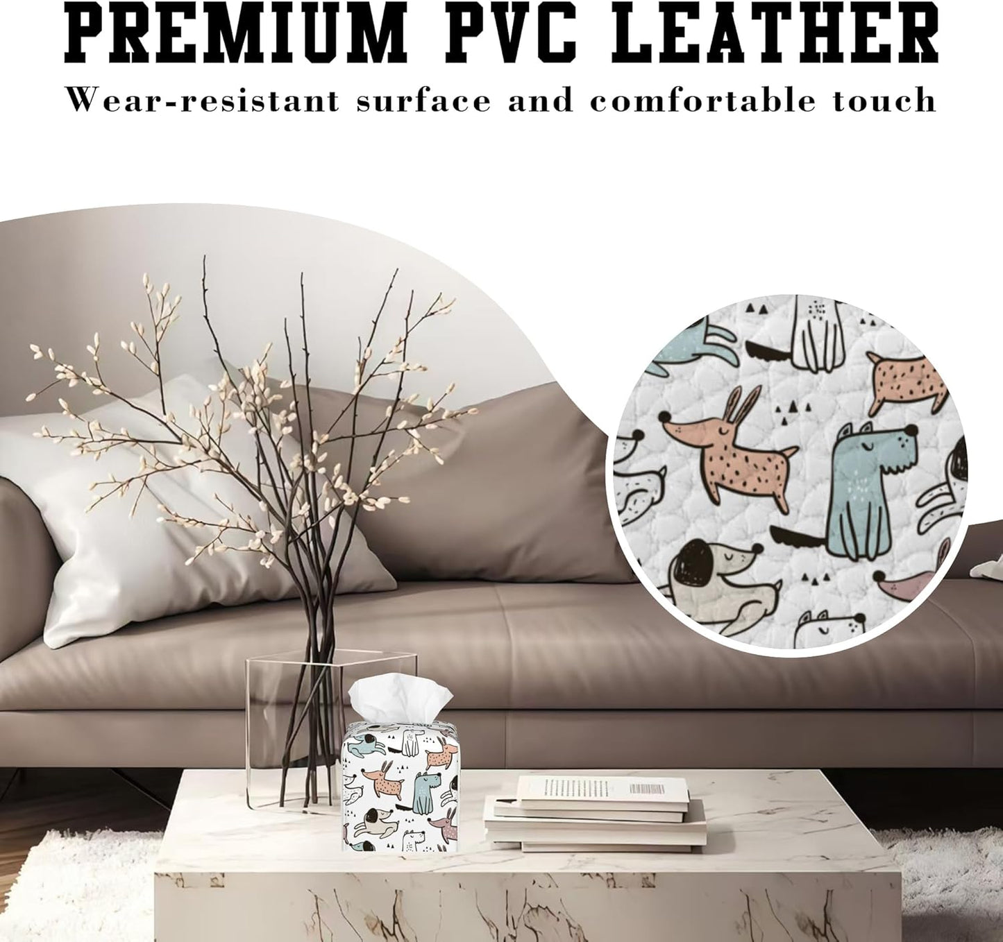 Cute Doodle Dogs Tissue Box Cover Square, Tissue Box Holder Leather Facial Paper Case Decorative Organizer Holder Dispenser Home Office Car Decor