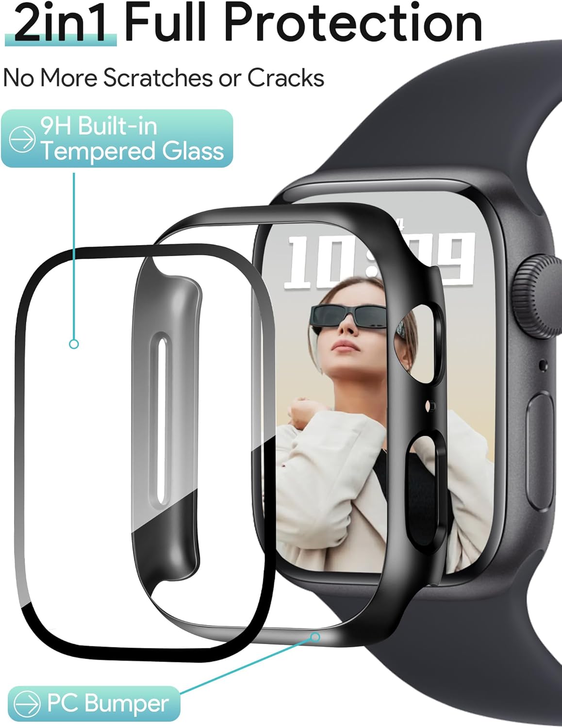 JR.DM 45mm 2 Pack Hard PC Case with HD Tempered Glass Screen Protector for Apple Watch Series 9/8/7, Slim Guard Bumper Full Coverage Protective Anti-Scratch Face Cover for iWatch, Black+ Black