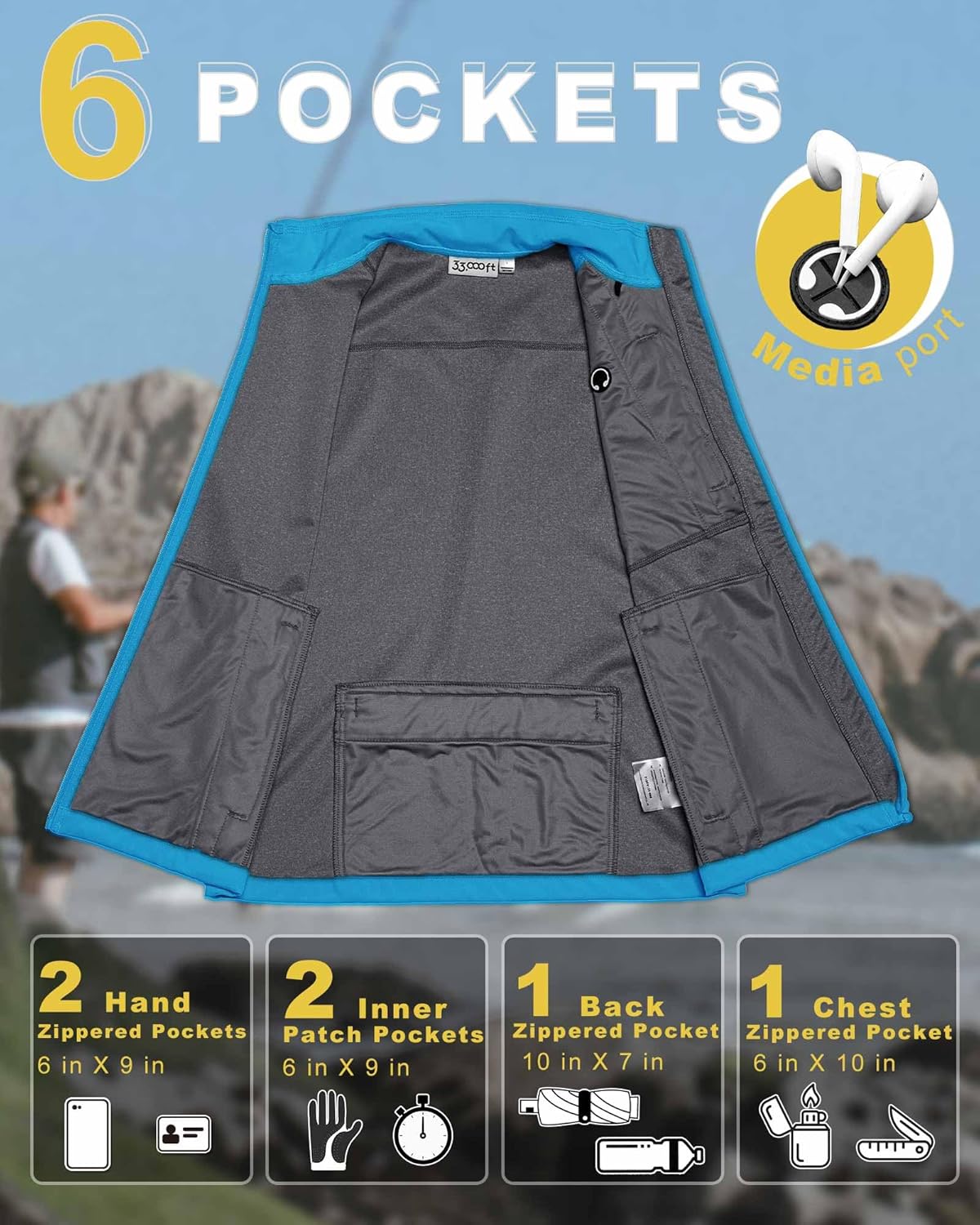 33,000ft Men's Windproof Lightweight Golf Vest Outerwear with Pockets, Softshell Sleeveless Jacket for Running Hiking Sports