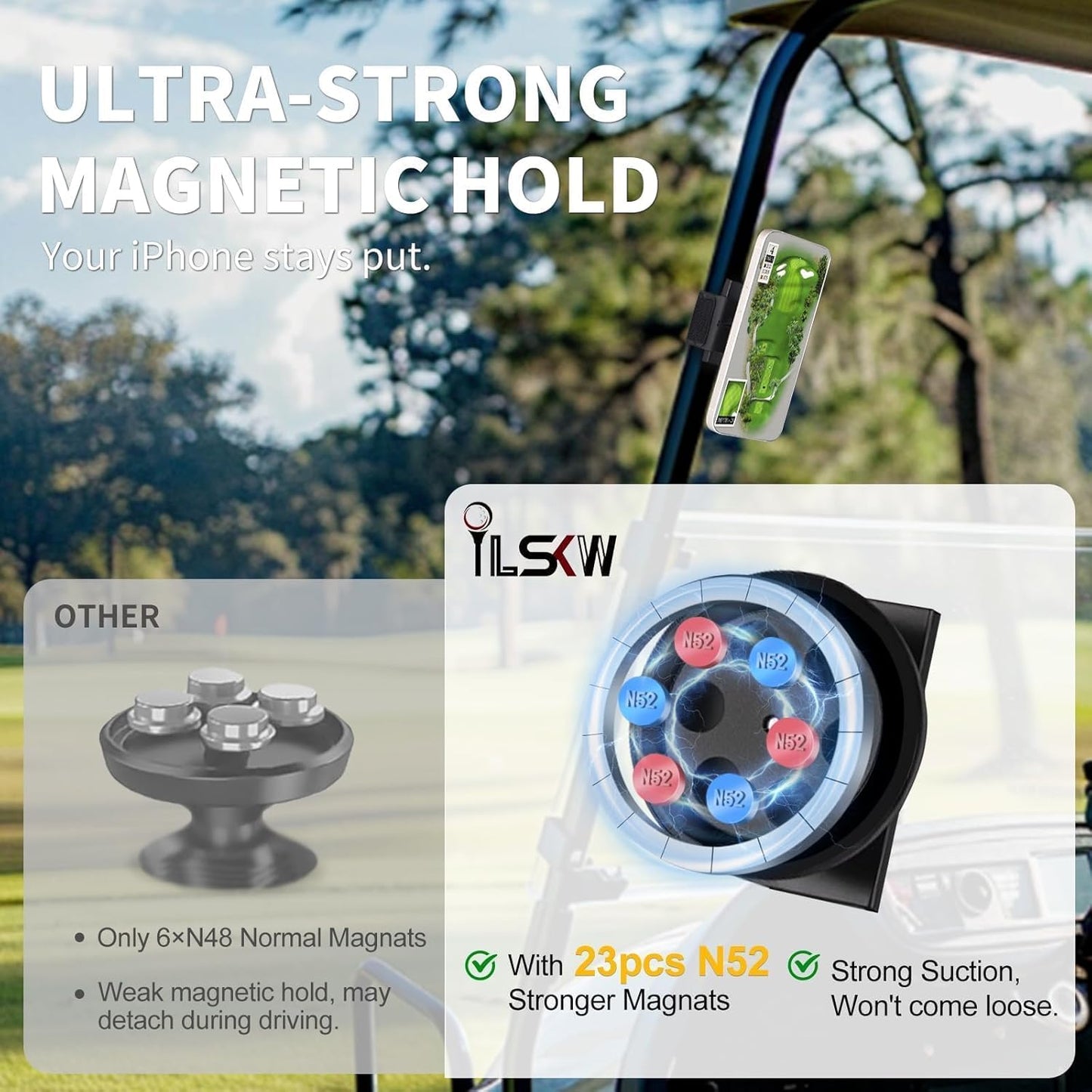 Magnetic Golf Cart Phone Holder Work with Magsafe iPhone 16-12 Series and All Phones, Fits Yamaha, EZGO, Club Car Golf Cart, Alloy Strong Magnetic Phone Mount for Gym, Kitchen, with Metal Ring