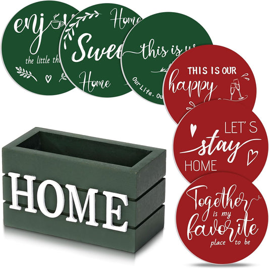Queekay Housewarming Gifts for Home Decoration Wooden Heart Coasters for Drinks 6 Set Farmhouse Coasters with Holder Funny for Family Coffee Table Protection, 4''(Red,Green)