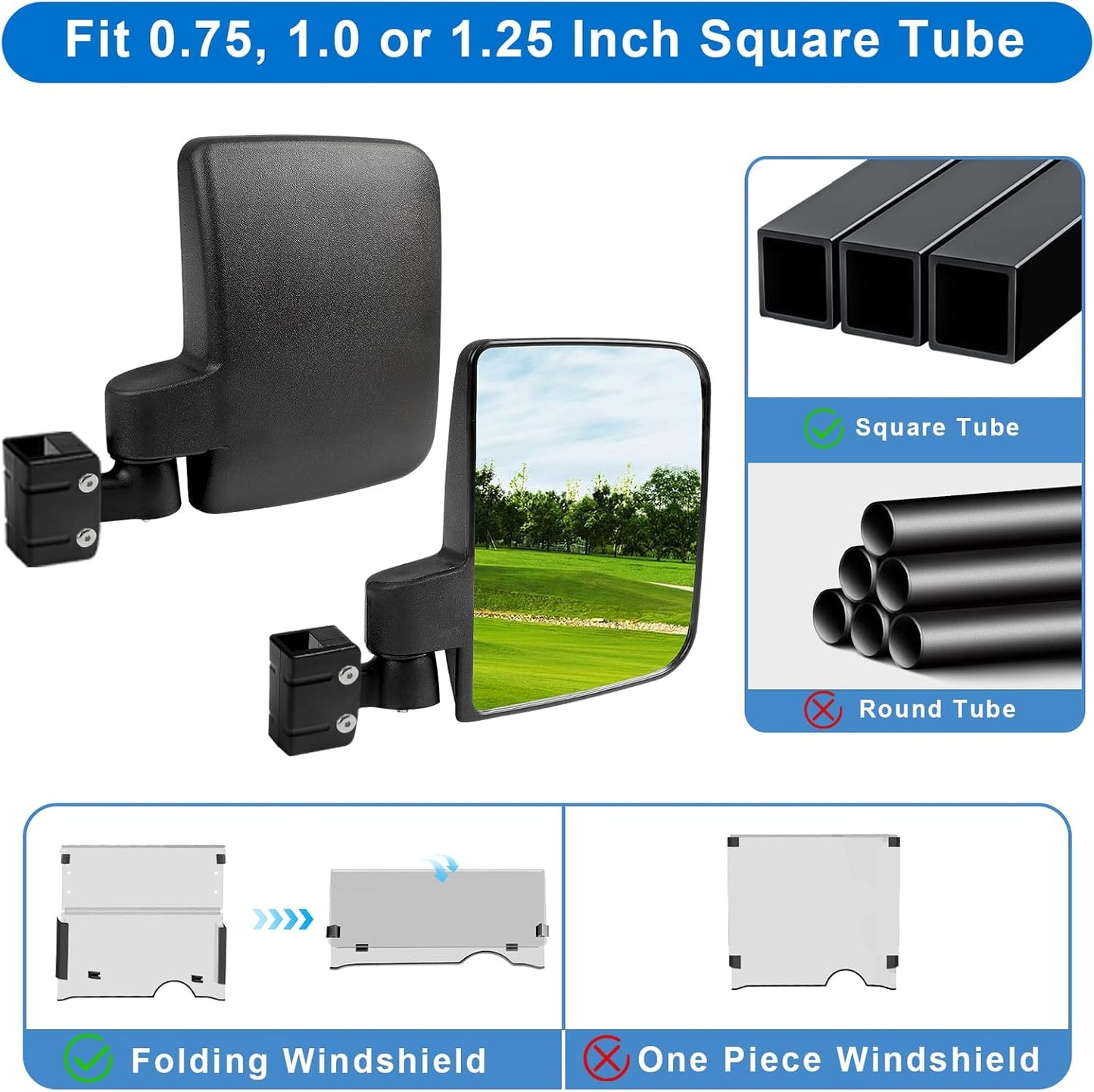 Golf Cart Side Mirrors, No Drilling for EZGO Club Car Yamaha Golf Cart and Others, Fit 3/4, 1.0 and 1 1/4-inch Square Strut, Folding Side Rear View Mirrors Adjustable 180 Degree HD Glass