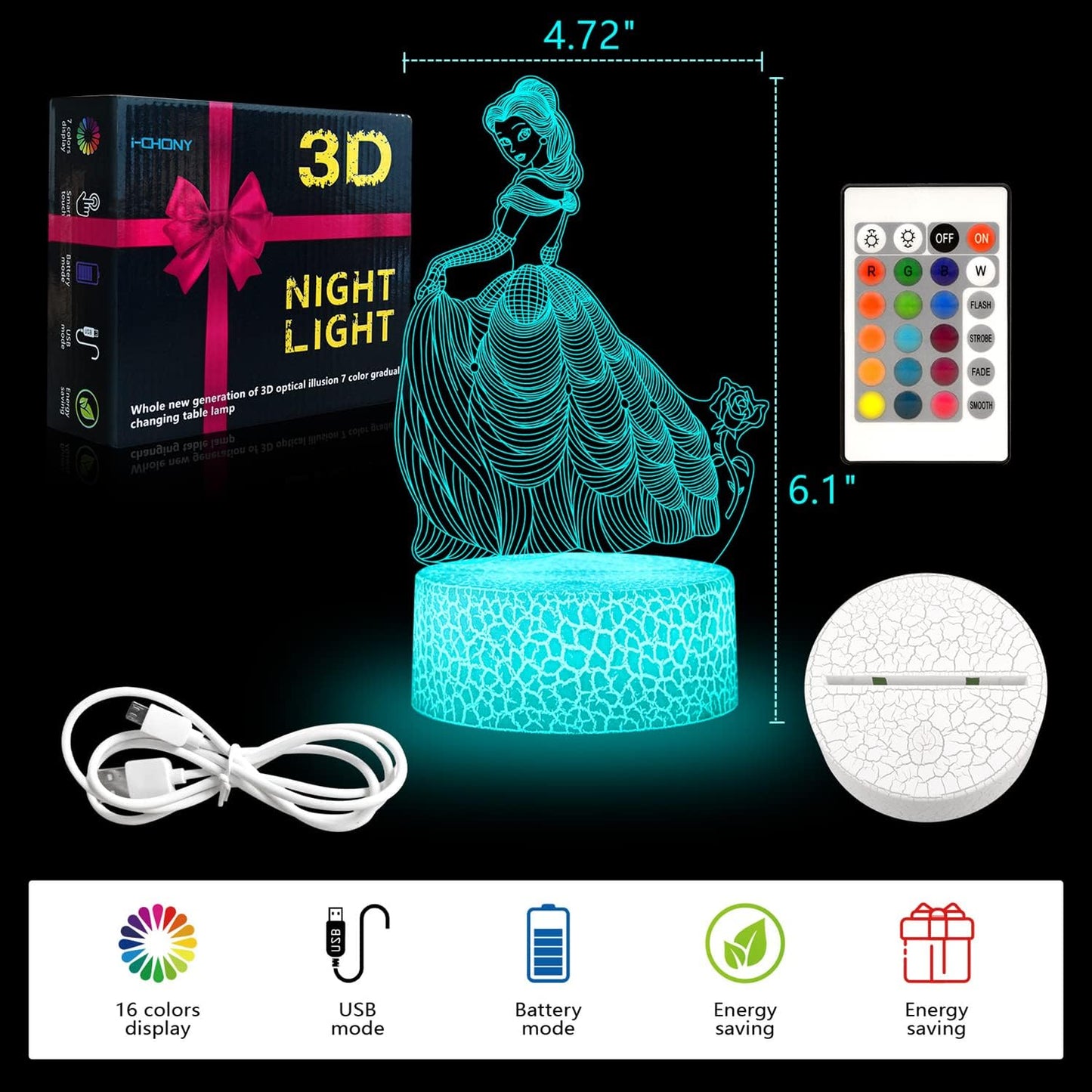 i-CHONY Princess Gift Night Light for Girls, 3D Illusion Lamp with Remote & Smart Touch, 16 Colors Dimmable Bedroom Decorations, Kids Teens Birthday Gift