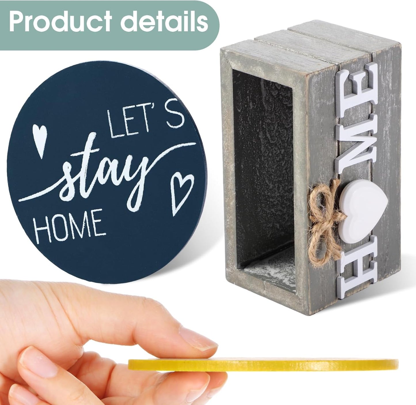 Queekay Housewarming Gifts for Home Decoration Wooden Heart Coasters for Drinks 6 Set Farmhouse Coasters with Holder Funny for Family Coffee Table Protection, 4''(Blue)