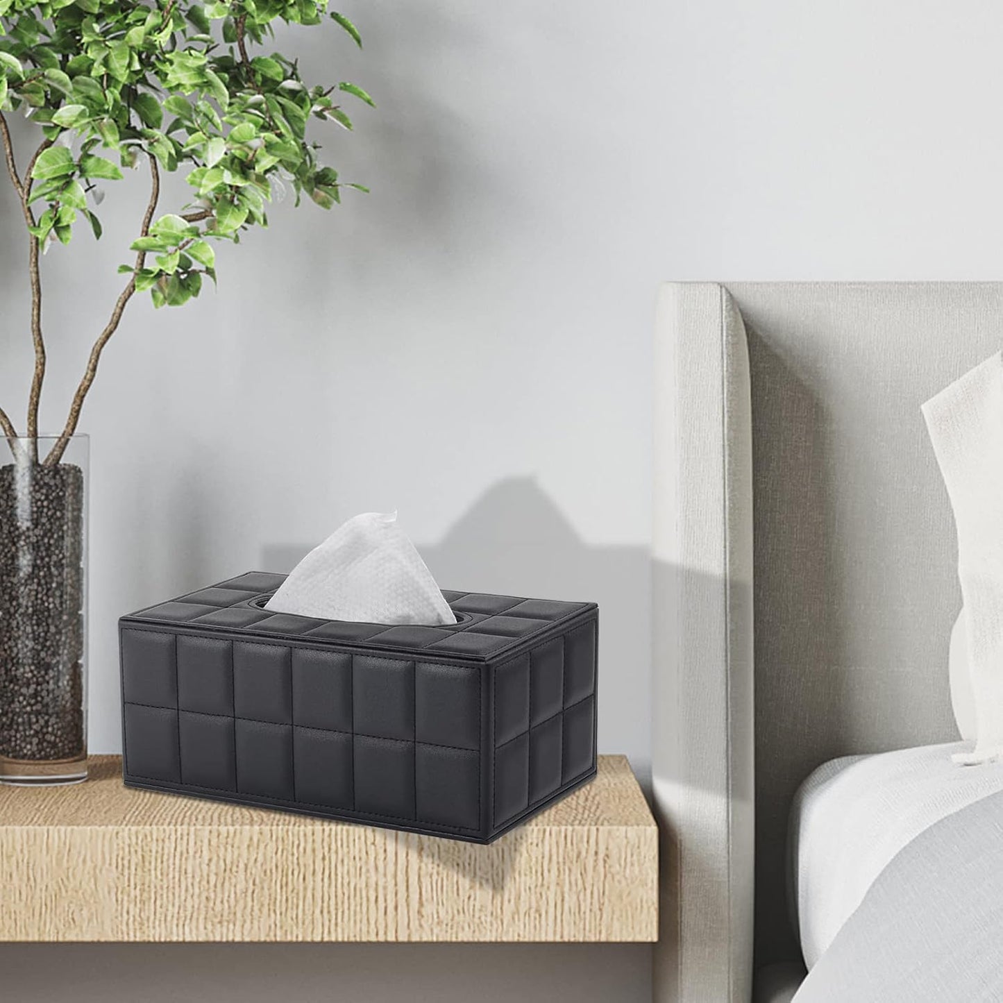 Tissue Box Cover Rectangle Tissue Box Holder PU Leather Facial Organizer with Magnetic Bottom,Decorative Napkin Caddy for Vanity Dresser Night Stand Table Countertop Home Office Car,Black
