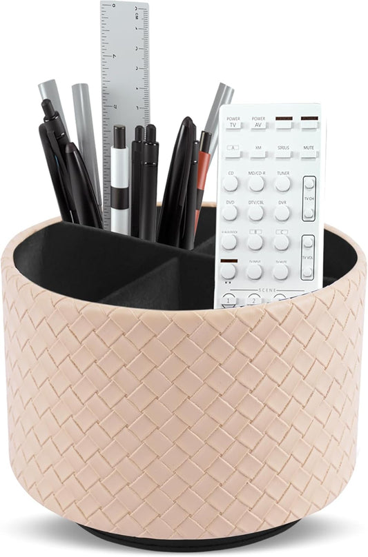 Hennaja Round Leather Art Supply Organizer,Remote Control Holder,360 Degree Spinning,Multi-Functional Pencil Holder,4 Compartments Desktop Stationary Organizer(1-Weave Khaki)