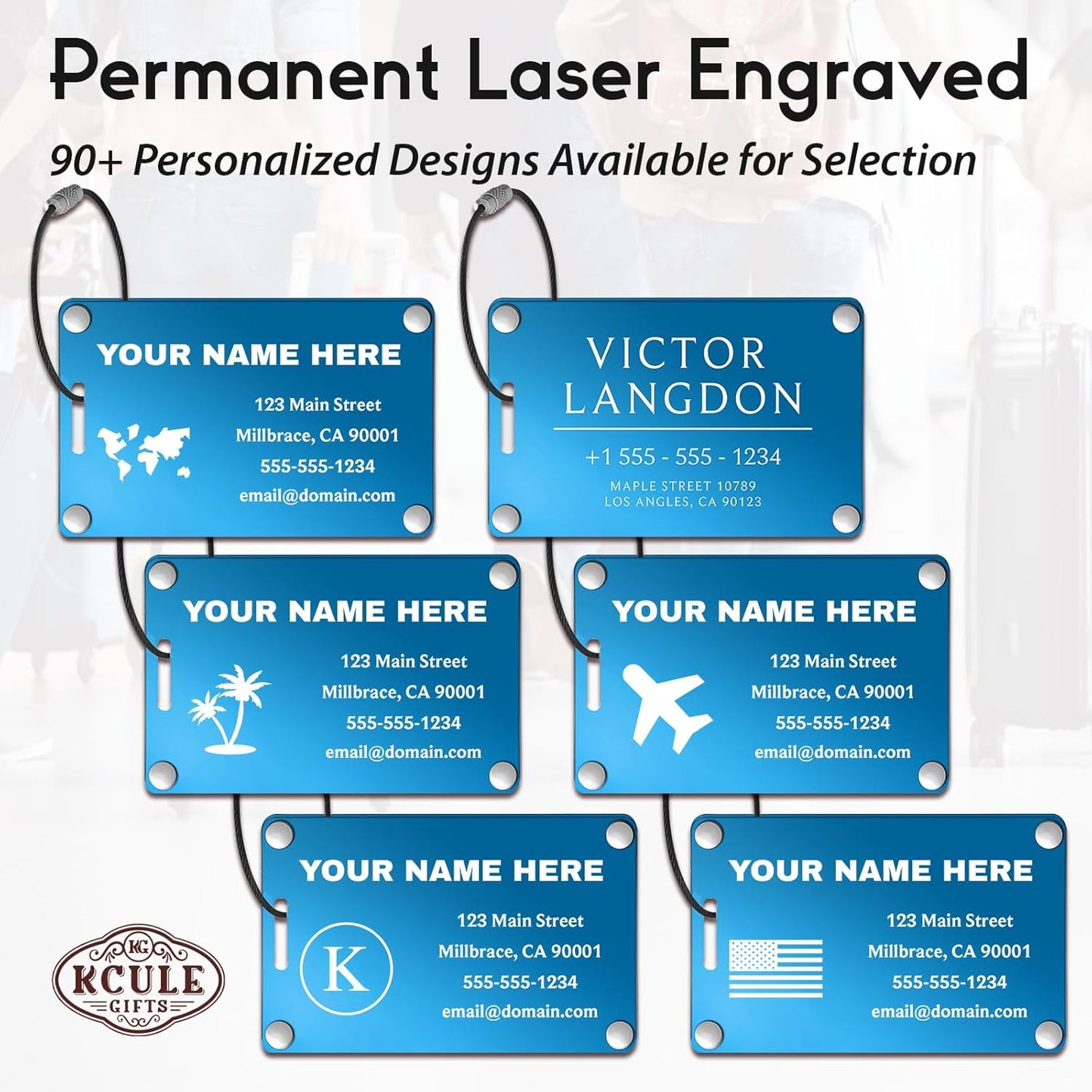 Personalized Luggage Tags: Custom Metal Luggage Tags for Suitcases, Backpacks and Bags with Your Personalized Text (Blue)