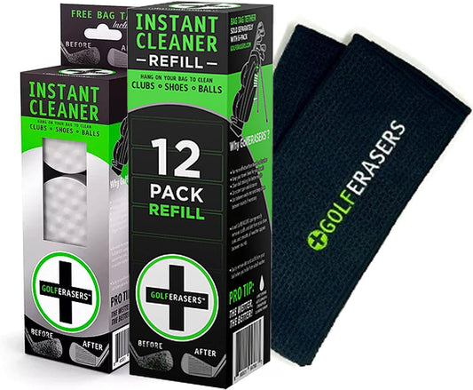 Instant Golf Eraser, Premium Dual-Sided Sponge - Golf Club Cleaner, Golf Ball Cleaner, Golf Club Groove Cleaner 6-Pack with Tether, 12-Pack Refill, Premium Embroidered Golf Towel with Clip
