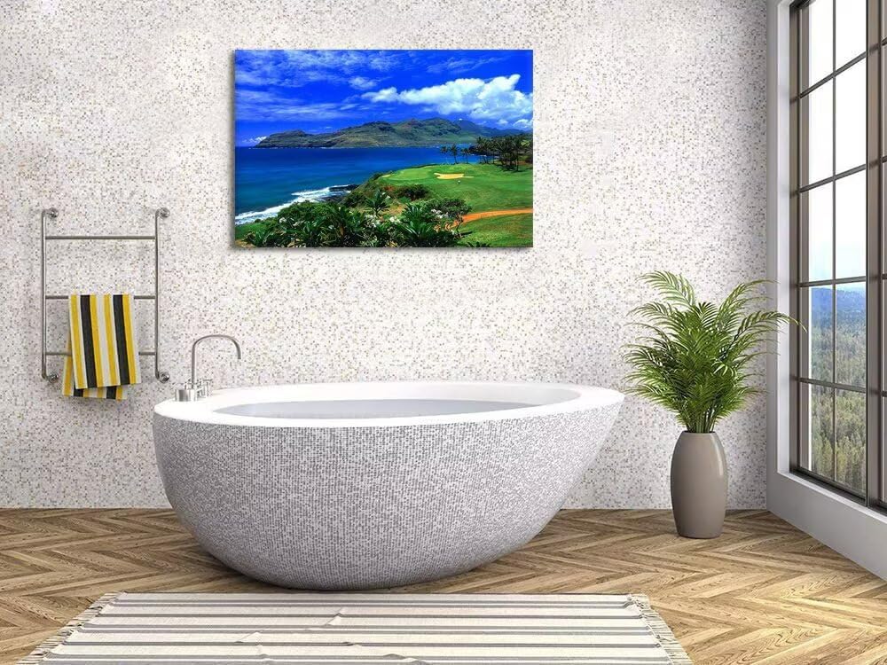 chenchenArt Lagoons Golf Course Wall Art for Living Room Bedroom Bathroom Home Decoration Hawaii Ocean Golf Course Picture Poster Canvas Prints Modern Artwork Framed Ready to Hang(28''H x 44''W)