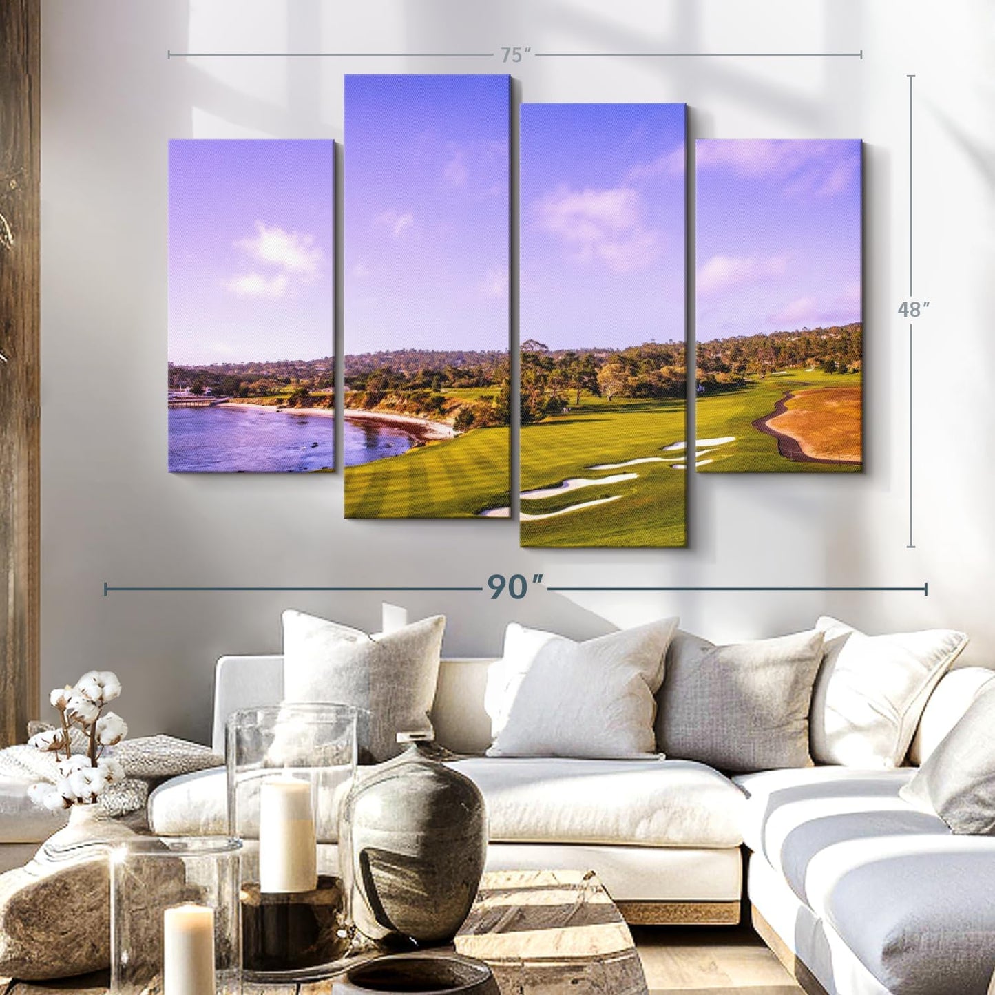 Elephant Stock Coastline Green Golf Course Wall Art - Horizontal Canvas - 4-Piece Living Room Wall Decor - Photography Sports Canvas Print - Blue and Gray Decor for Wall - 75" X 48"