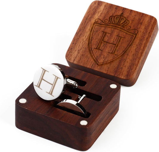 Mens Initial Silver Cufflinks A-Z Alphabet Letter Steel Cuff Links with Engraved Walnut Wood Box Groom Groomsman Wedding Set…