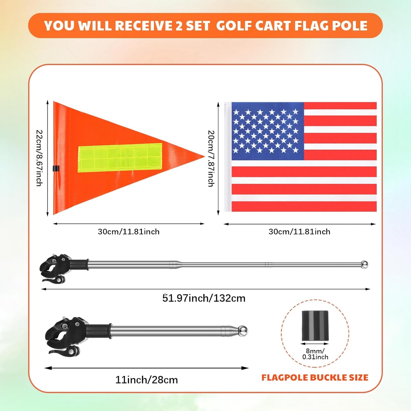 Hicarer 2 Set Reflective Golf Cart Flag Pole Kit Golf Cart Flag Holder Accessories Orange Safety Mount with Reflective Stripe Adjustable Height Flagpole Wheelchairs