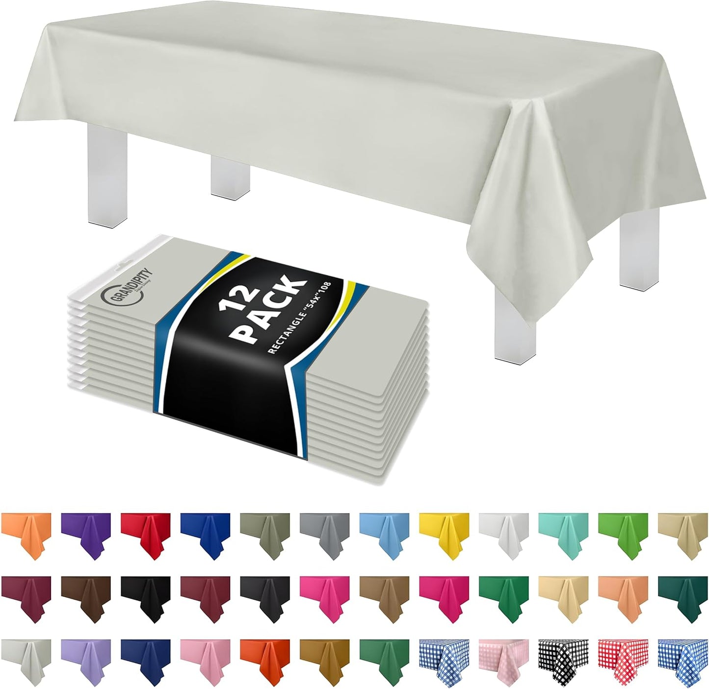 Grandipity 12 Pack Premium Disposable Plastic Tablecloth 54 Inch. x 108 Inch. Decorative Rectangle Table Cover - Light Grey