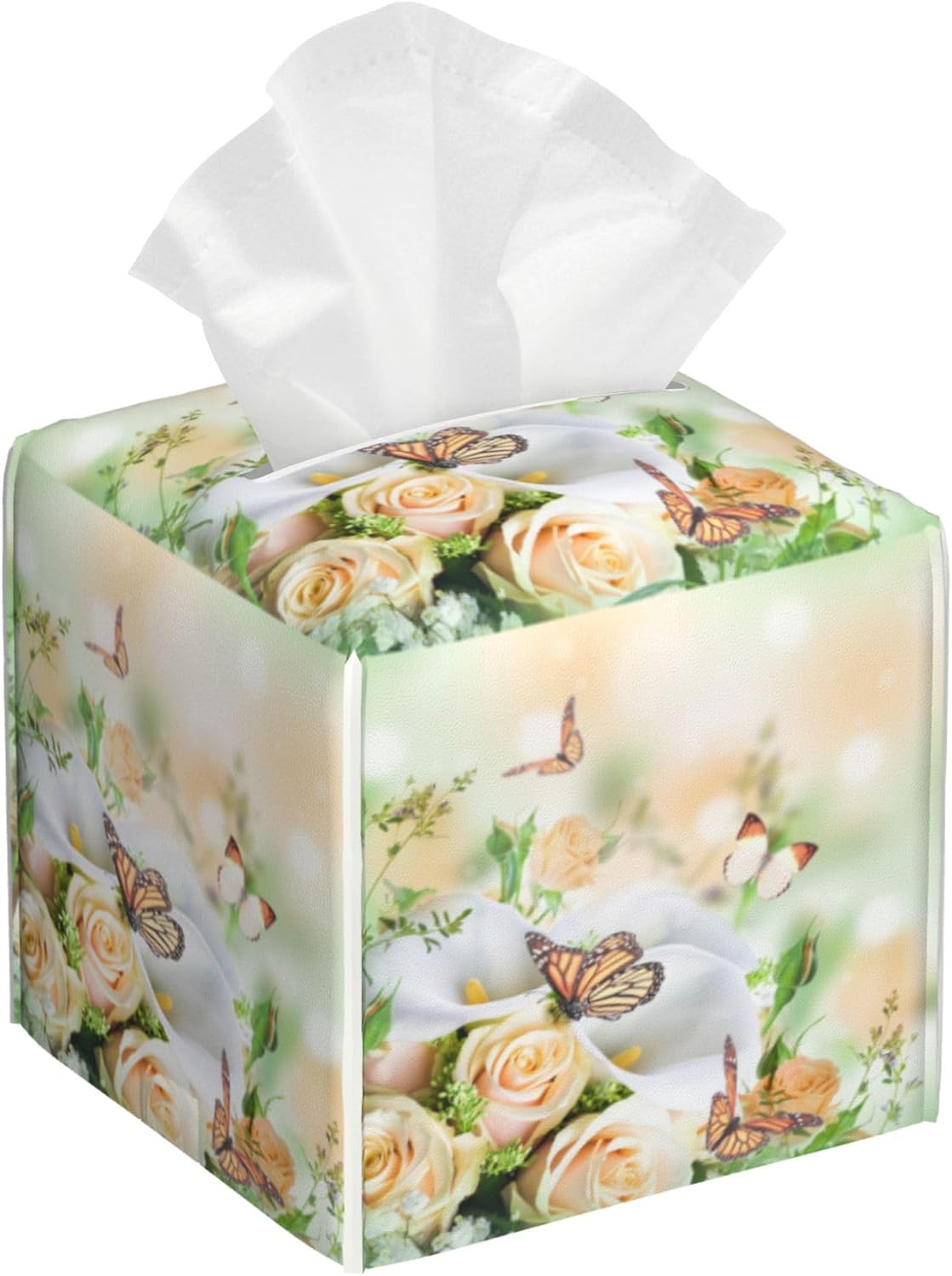 Rose Flowers and Butterfly Tissue Box Cover Square,Yellow Roses Floral Tissue Box Holder Waterproof Leather Facial Paper Organizer Dispenser for Bathroom Home Car Nightstand Vanity Desk