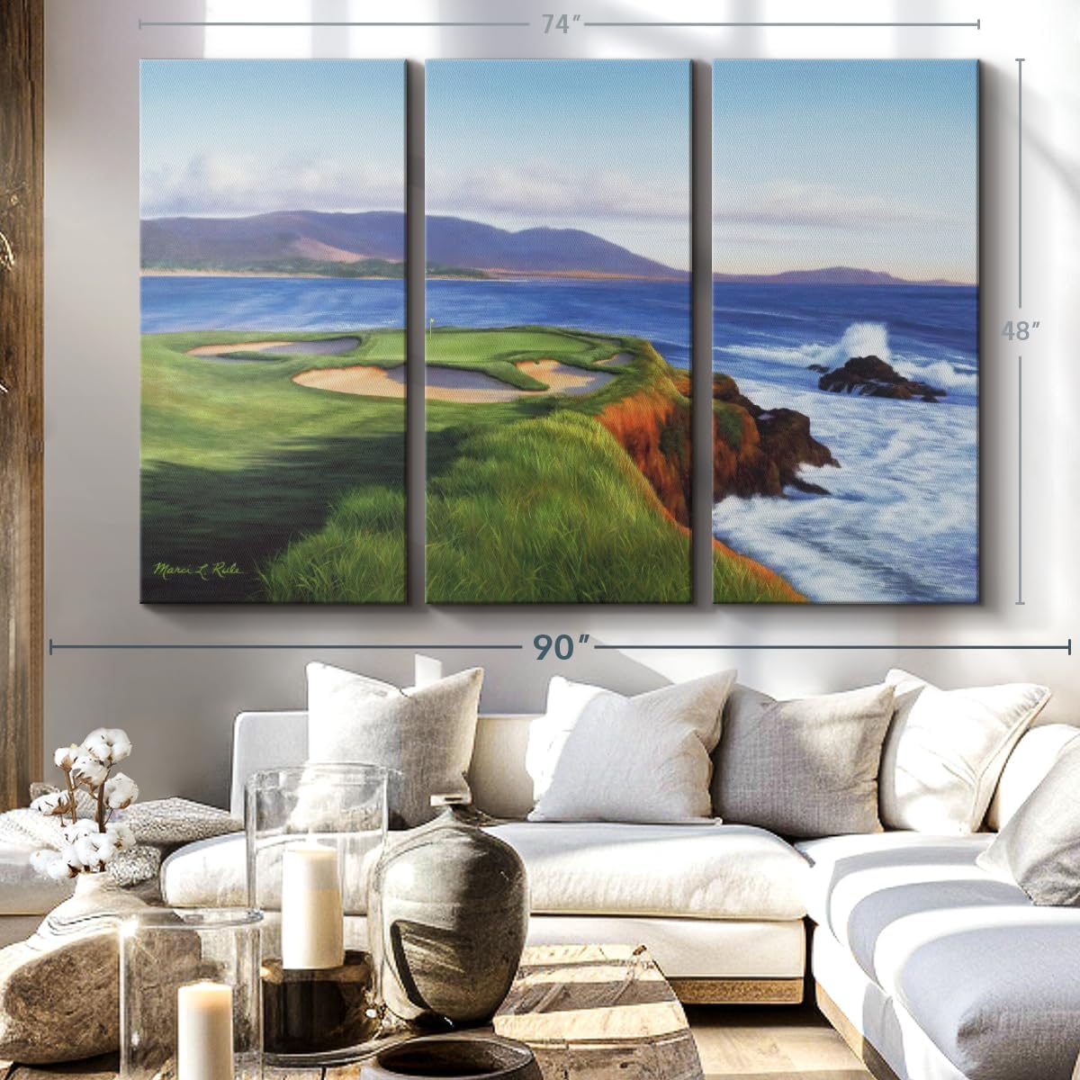 ElephantStock Pebble Beach 7th Hole Wall Art - Horizontal Canvas - 3-Piece Living Room Wall Decor - Painting Sports Canvas Print - Green and Blue Decor for Wall by Marci Rule - 74" X 48"