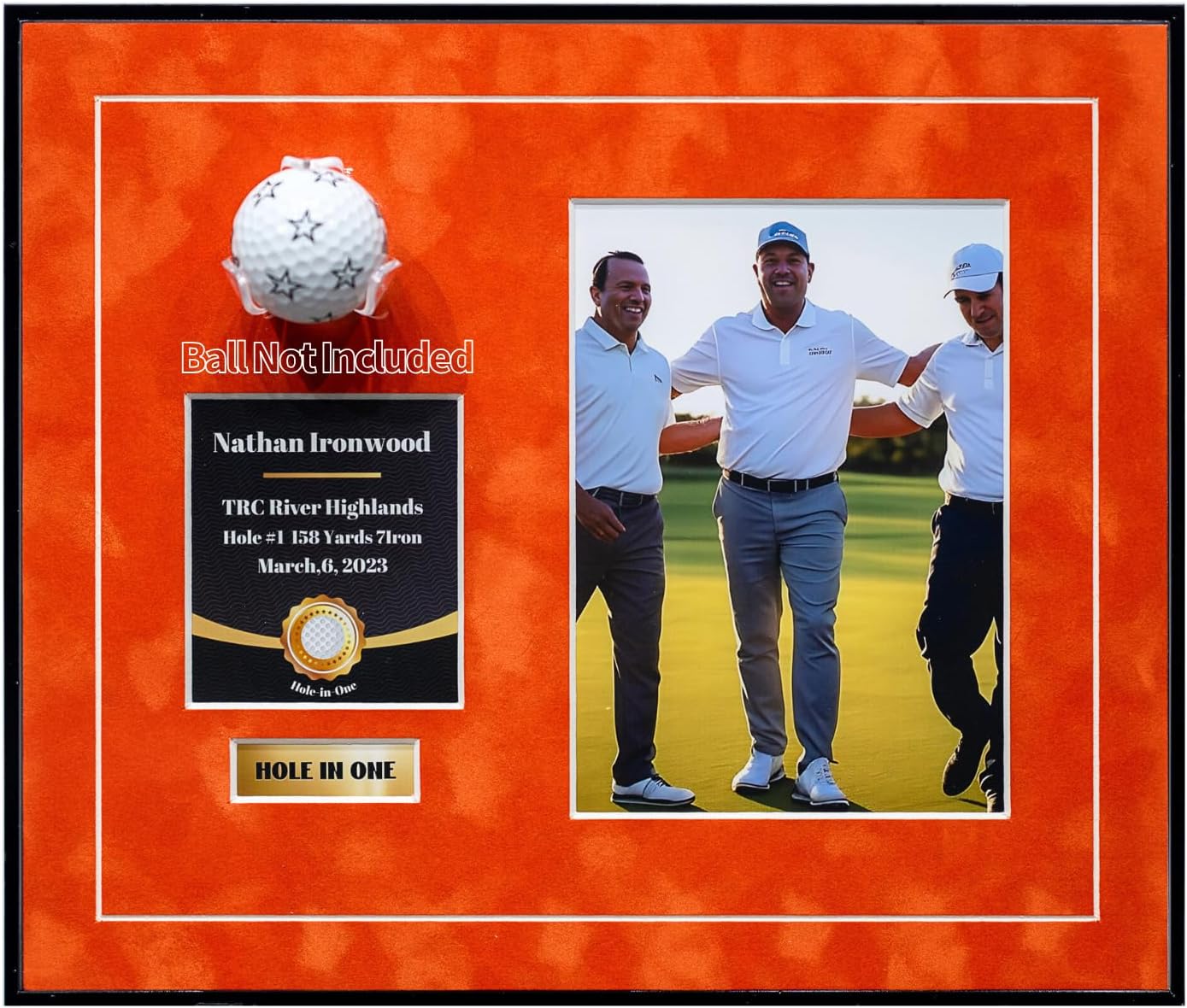 One-Shot Victory Golf Ball Display Frame – Acrylic Case with External Ball Mount, Custom Photo & Nameplate, Orange Suede Mat, Elegant Golf Keepsake Gift