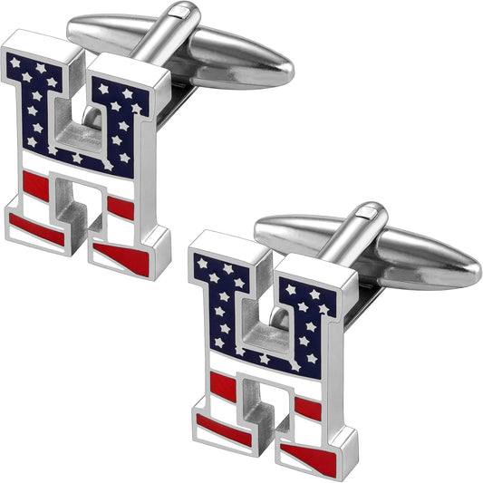 AMITER Initial Cufflinks for Men, American Flag Pattern Cuff Links Men's Shirt Studs Suit Accessories Gift