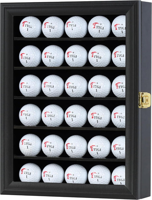 Golf Ball Display Case for 30 Golf Balls, Display Cabinet Great Golfer Memorabilia Gift for Golf Enthusiasts, for Hole-in-1 Display, Wall Mount with Lockable Door Black